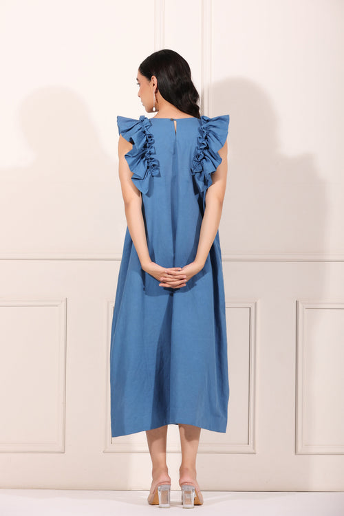 Blooming Blue Midi Dress by MOH-The Eternal Dhaga with Azo Free Dyes, Blue, Casual Wear, Dresses, Midi Dresses, Moh-The eternal Dhaga, Natural, Poplin, Solids, Womenswear at Kamakhyaa for sustainable fashion