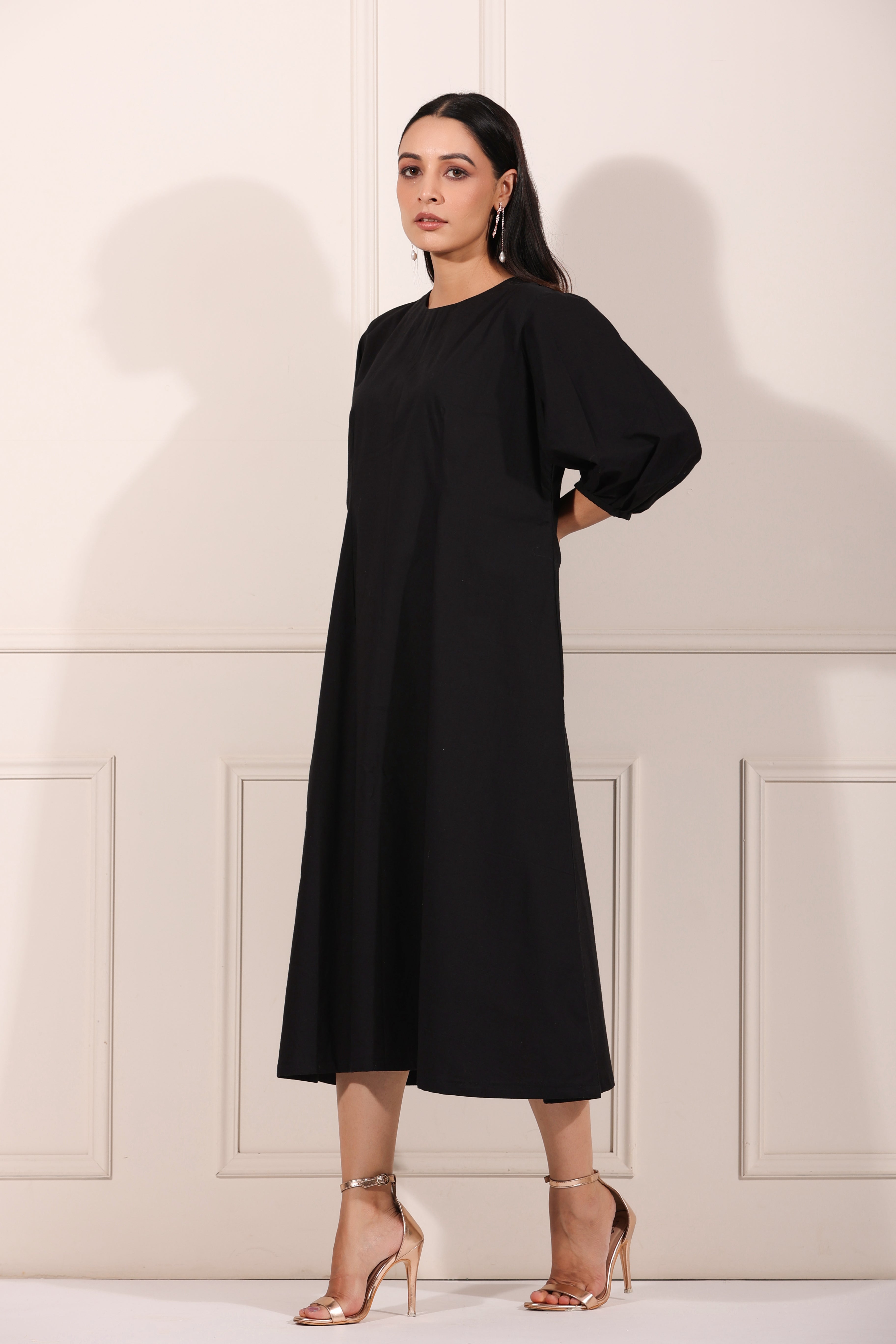 Black Midi Dress by MOH-The Eternal Dhaga with Azo Free Dye, Black, Casual Wear, Dresses, Midi Dresses, Moh-The eternal Dhaga, Natural, Natural with azo free dyes, Poplin, Womenswear at Kamakhyaa for sustainable fashion