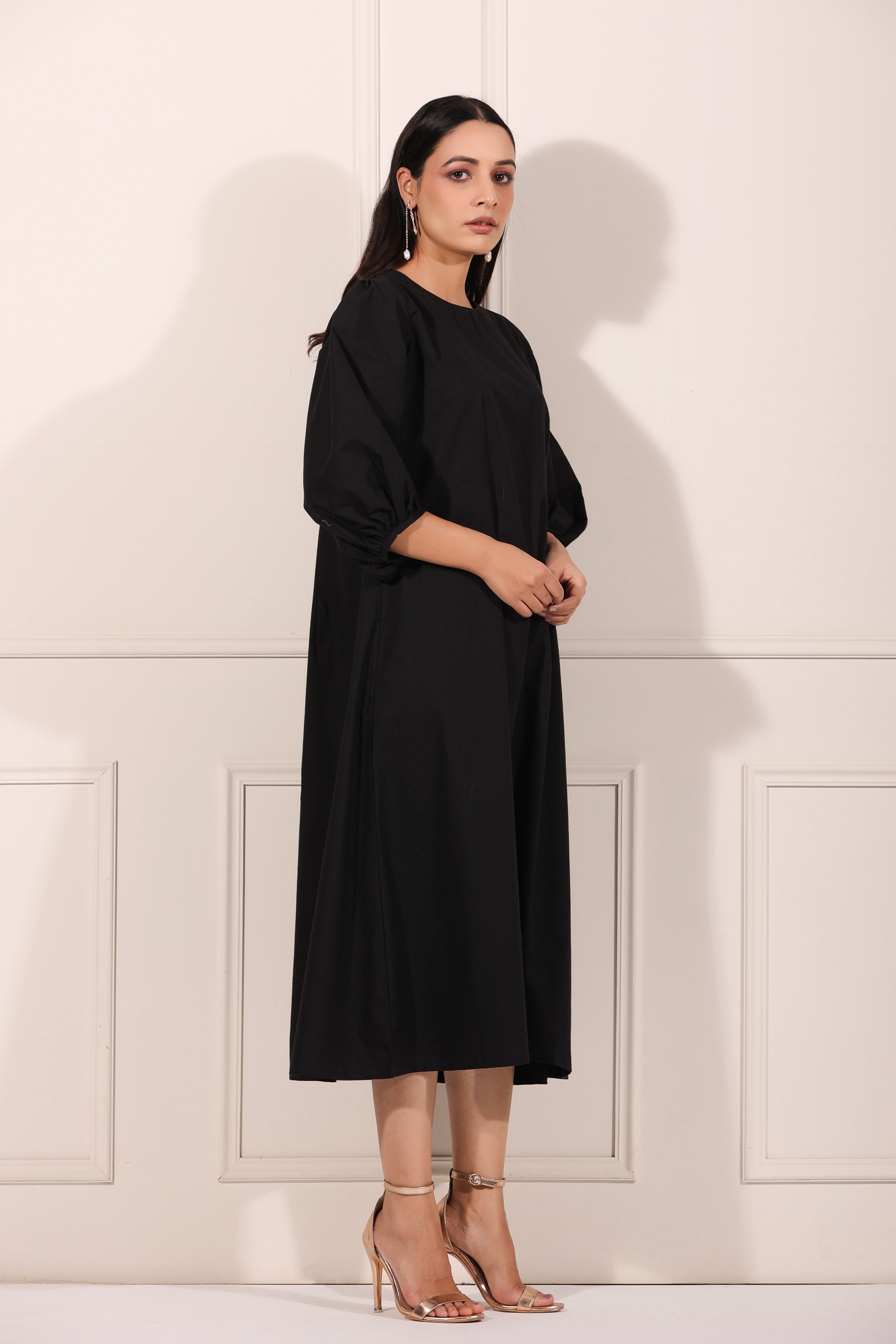 Black Midi Dress by MOH-The Eternal Dhaga with Azo Free Dye, Black, Casual Wear, Dresses, Midi Dresses, Moh-The eternal Dhaga, Natural, Natural with azo free dyes, Poplin, Womenswear at Kamakhyaa for sustainable fashion