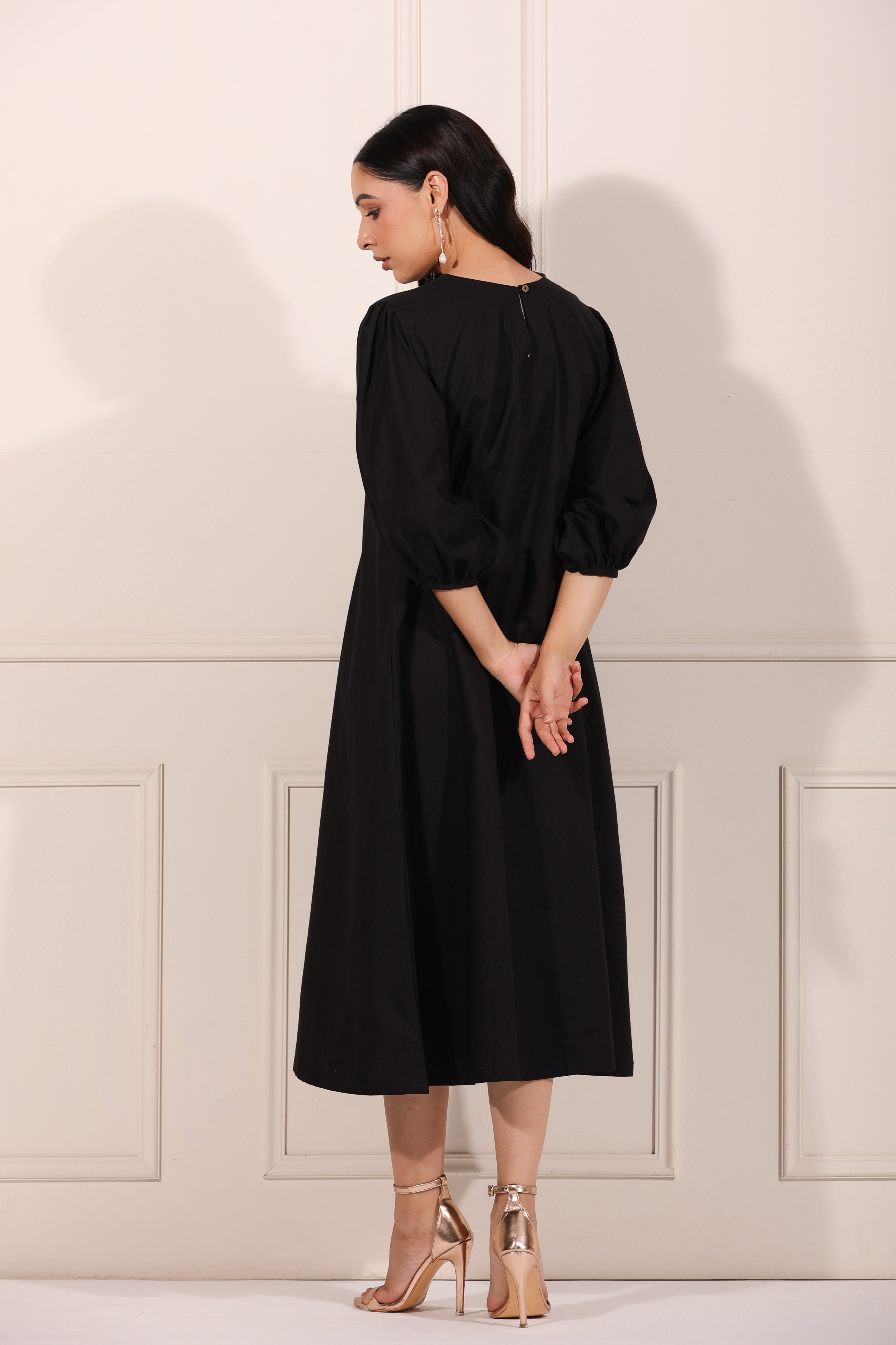 Black Midi Dress by MOH-The Eternal Dhaga with Azo Free Dye, Black, Casual Wear, Dresses, Midi Dresses, Moh-The eternal Dhaga, Natural, Natural with azo free dyes, Poplin, Womenswear at Kamakhyaa for sustainable fashion