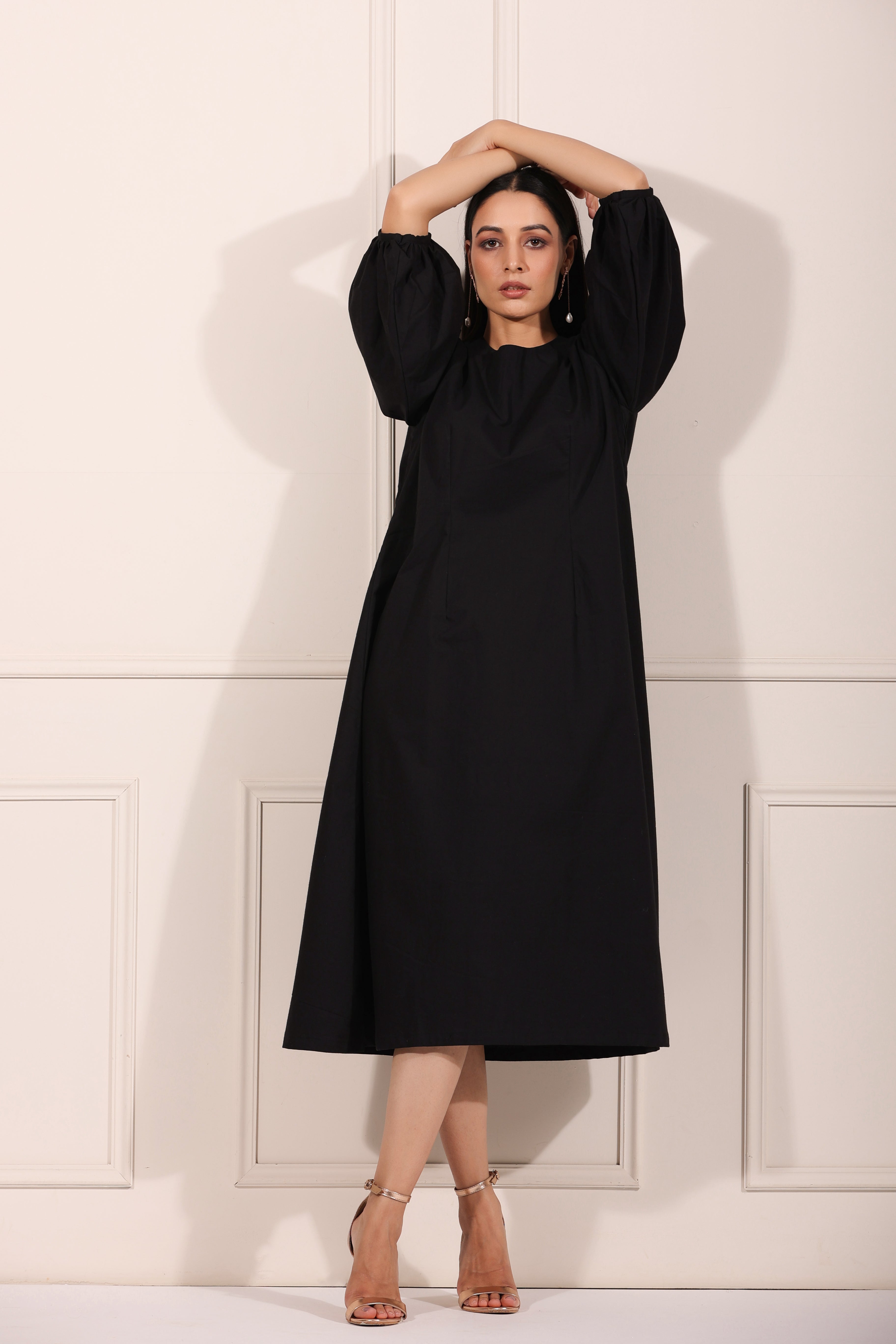 Black Midi Dress by MOH-The Eternal Dhaga with Azo Free Dye, Black, Casual Wear, Dresses, Midi Dresses, Moh-The eternal Dhaga, Natural, Natural with azo free dyes, Poplin, Womenswear at Kamakhyaa for sustainable fashion