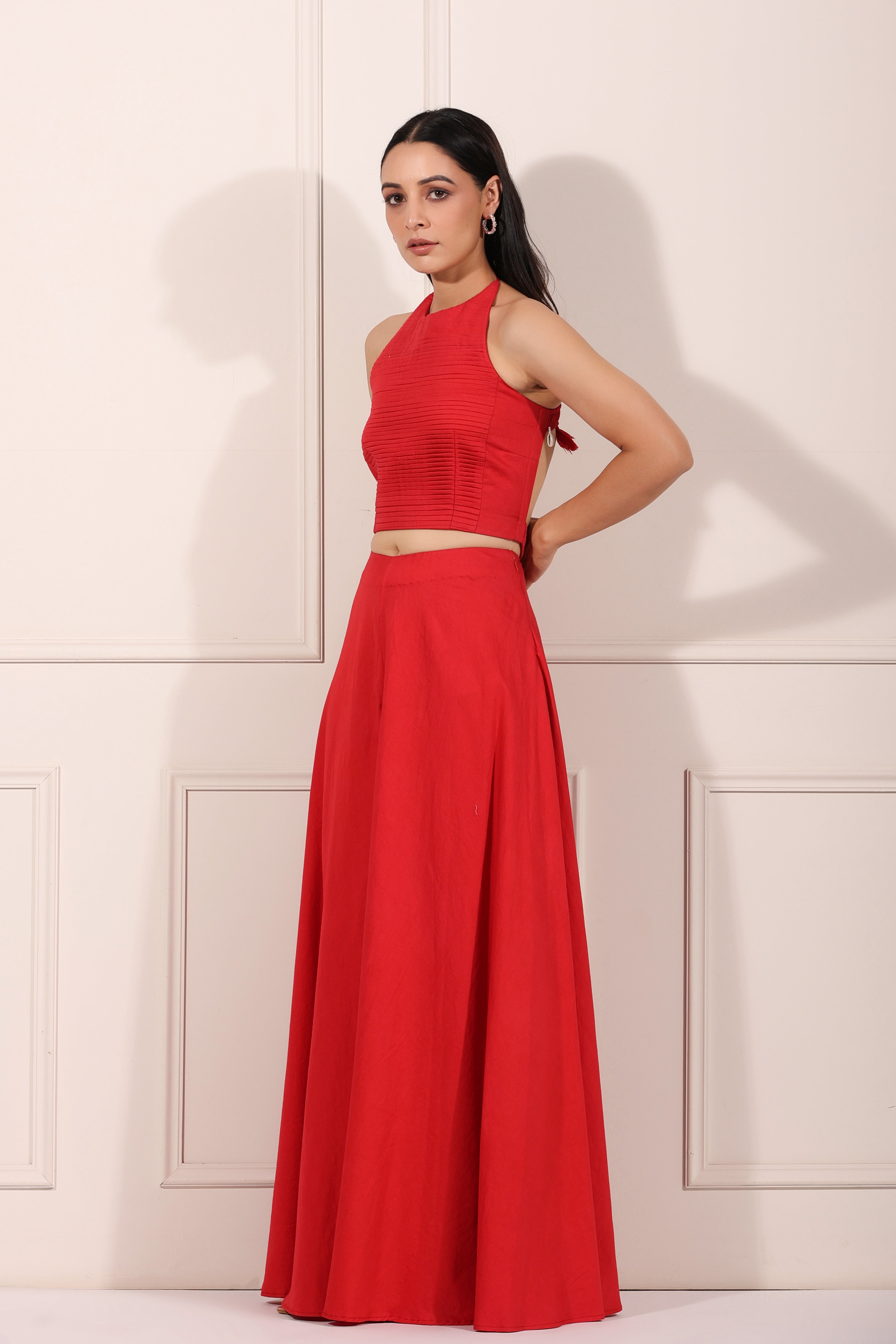 Red Co-ord Set by MOH-The Eternal Dhaga with 100% pure cotton, Cotton, Festive Wear, Moh-The eternal Dhaga, Natural, Party Wear Co-ords, Red, Regular Fit, Solids, Womenswear at Kamakhyaa for sustainable fashion