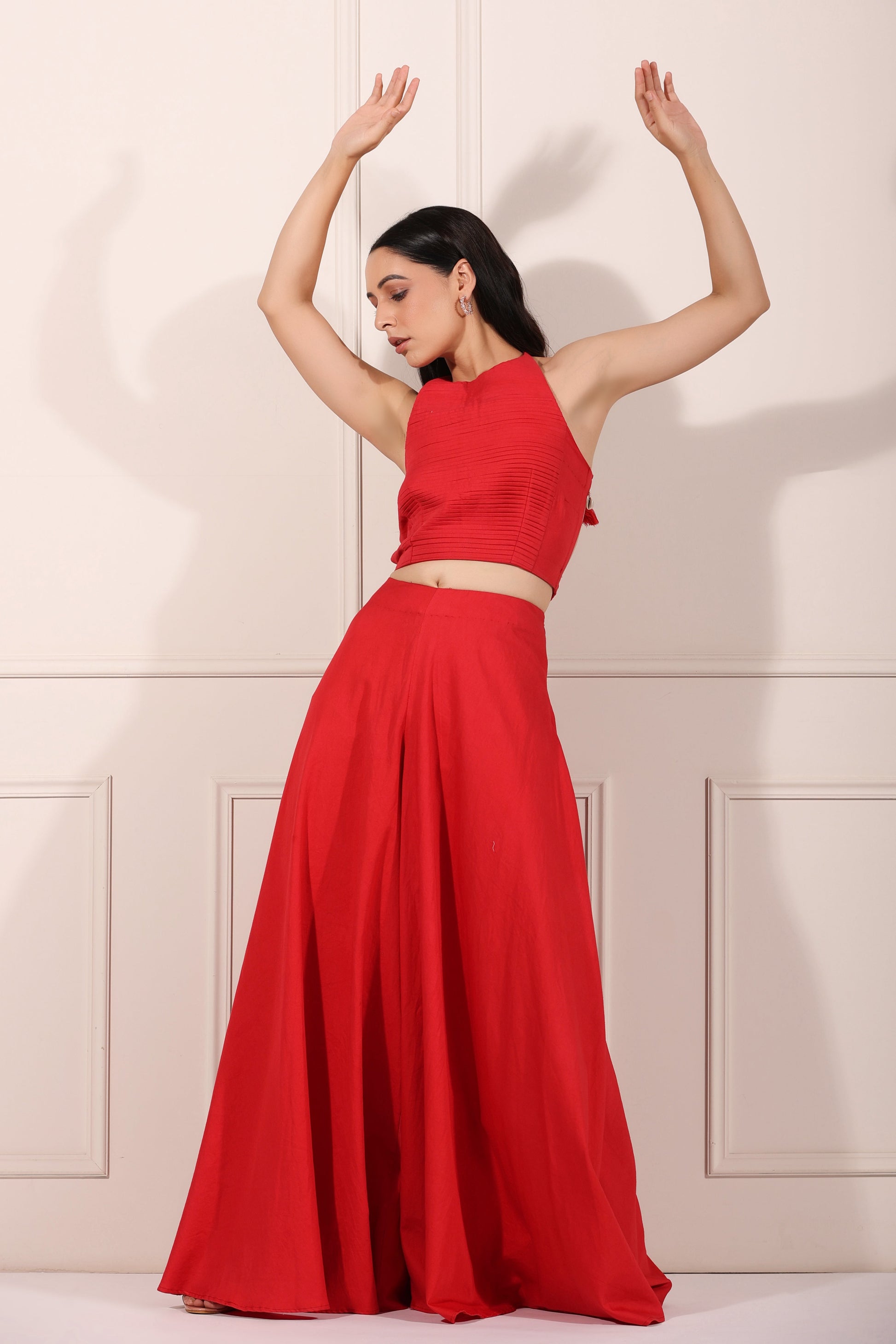 Red Co-ord Set by MOH-The Eternal Dhaga with 100% pure cotton, Cotton, Festive Wear, Moh-The eternal Dhaga, Natural, Party Wear Co-ords, Red, Regular Fit, Solids, Womenswear at Kamakhyaa for sustainable fashion