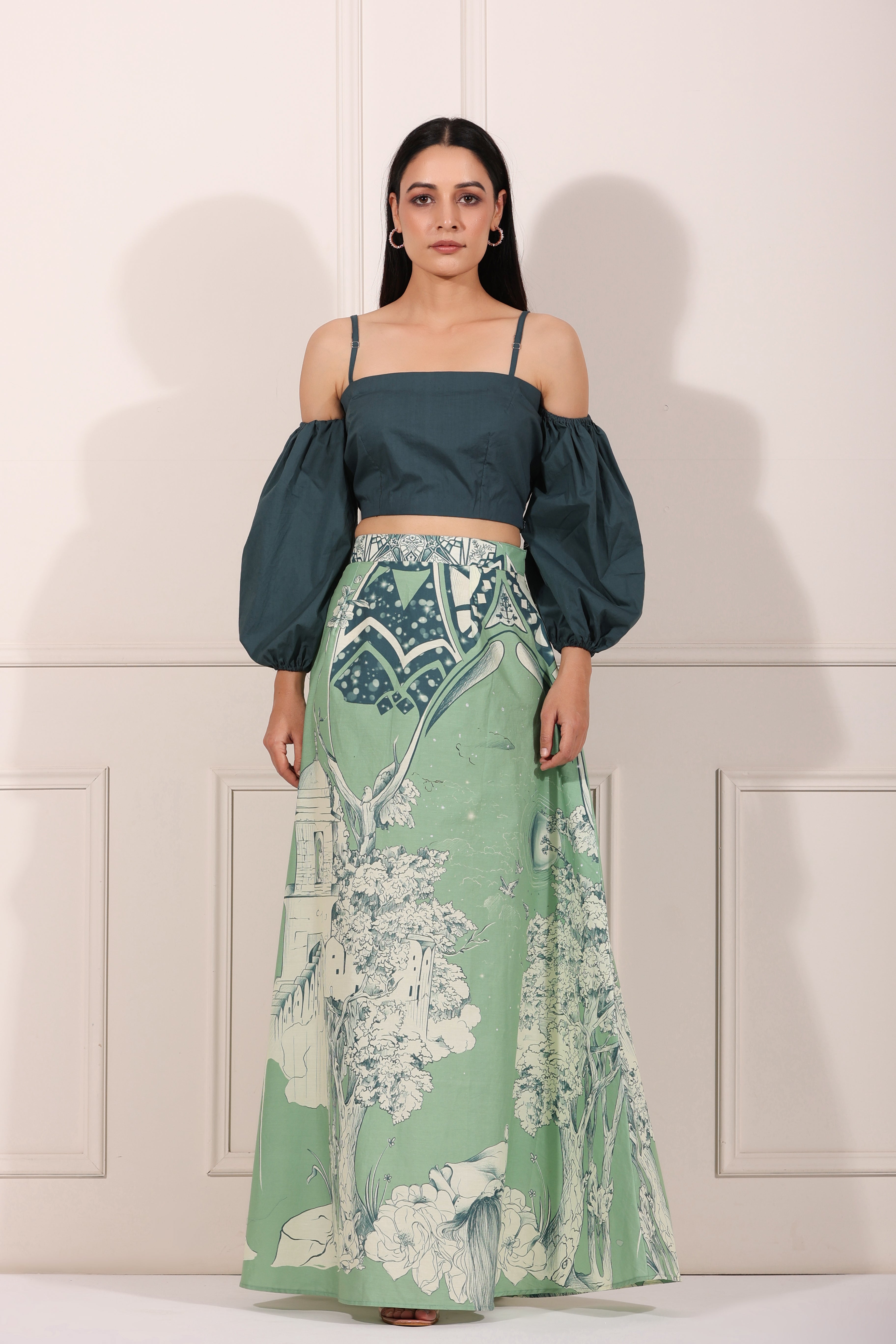 Green Co-ord Set by MOH-The Eternal Dhaga with 100% pure cotton, Cotton, Green, Moh-The eternal Dhaga, Natural, Party Wear, Party Wear Co-ords, Prints, Regular Fit, Womenswear at Kamakhyaa for sustainable fashion