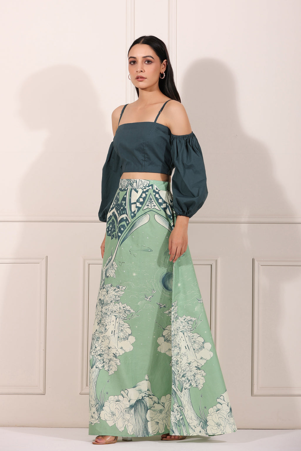 Green Co-ord Set by MOH-The Eternal Dhaga with 100% pure cotton, Cotton, Green, Moh-The eternal Dhaga, Natural, Party Wear, Party Wear Co-ords, Prints, Regular Fit, Womenswear at Kamakhyaa for sustainable fashion