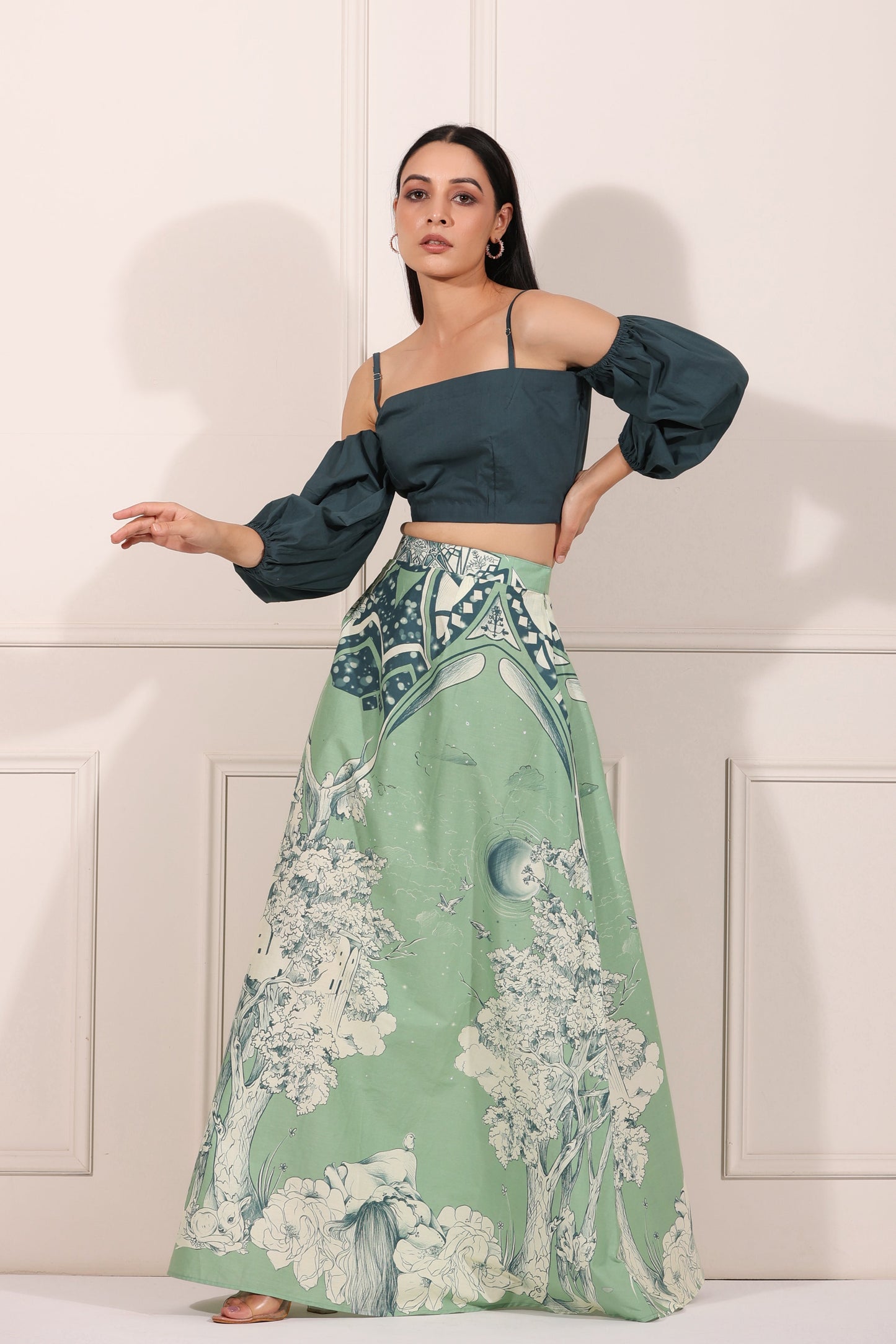 Green Co-ord Set by MOH-The Eternal Dhaga with 100% pure cotton, Cotton, Green, Moh-The eternal Dhaga, Natural, Party Wear, Party Wear Co-ords, Prints, Regular Fit, Womenswear at Kamakhyaa for sustainable fashion