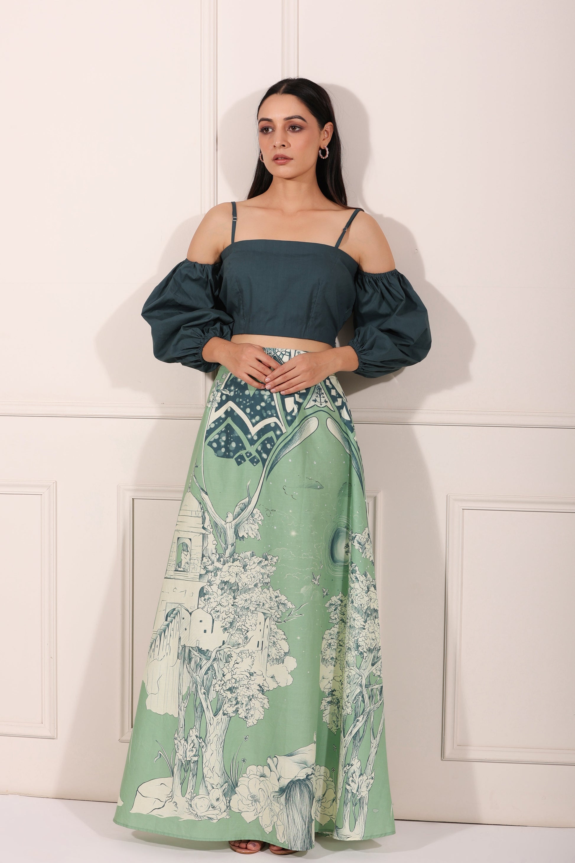 Green Co-ord Set by MOH-The Eternal Dhaga with 100% pure cotton, Cotton, Green, Moh-The eternal Dhaga, Natural, Party Wear, Party Wear Co-ords, Prints, Regular Fit, Womenswear at Kamakhyaa for sustainable fashion