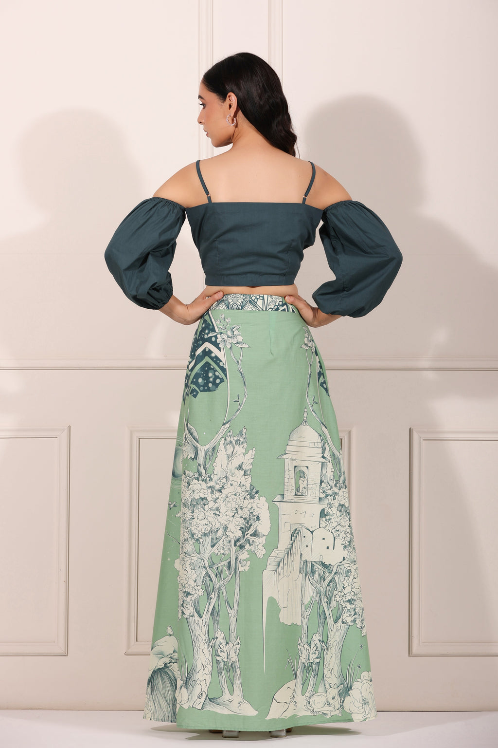 Green Co-ord Set by MOH-The Eternal Dhaga with 100% pure cotton, Cotton, Green, Moh-The eternal Dhaga, Natural, Party Wear, Party Wear Co-ords, Prints, Regular Fit, Womenswear at Kamakhyaa for sustainable fashion