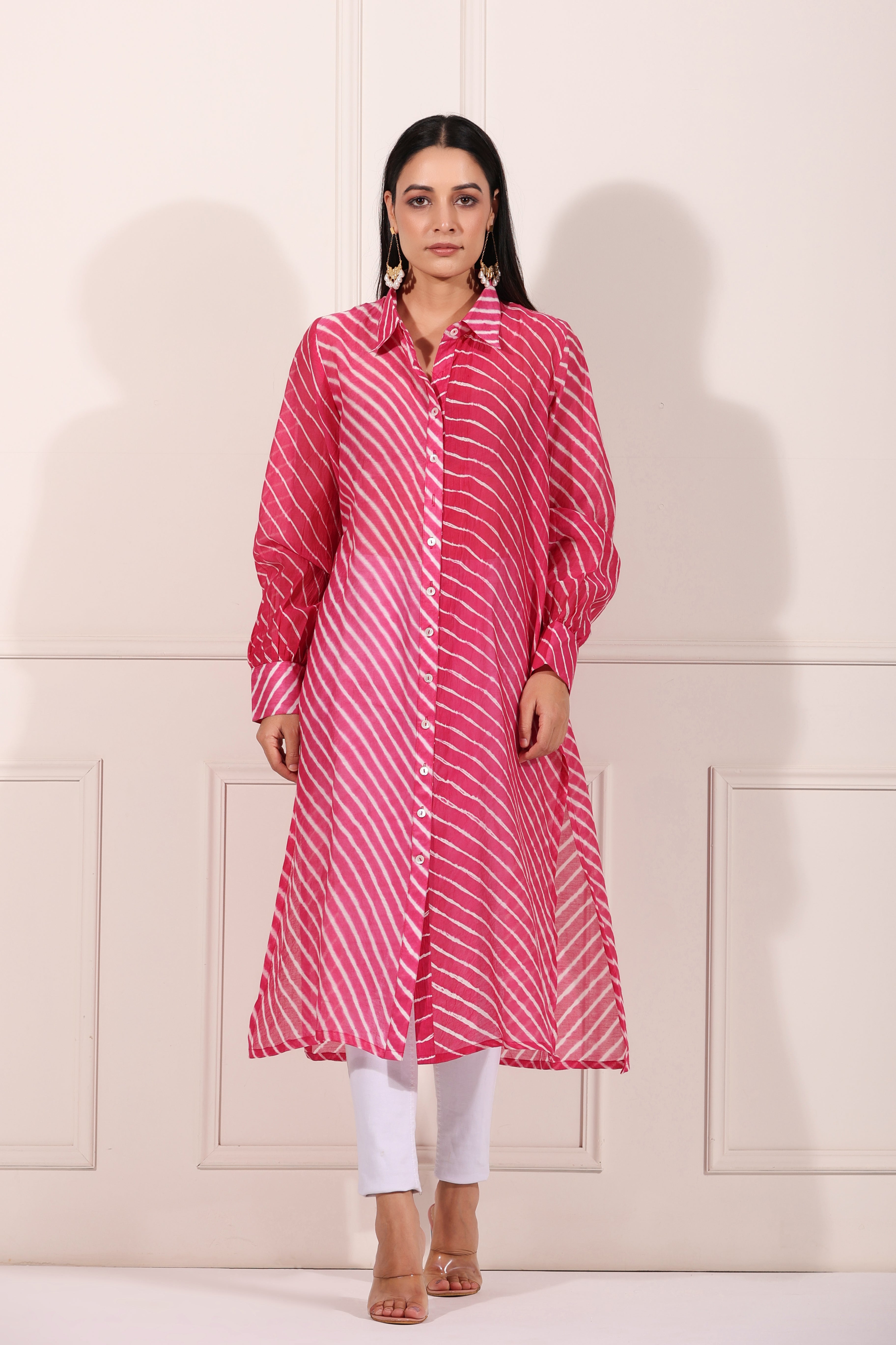 Pink Lehriya with Ankle Pants by MOH-The Eternal Dhaga with Chanderi Silk, Cotton, Festive Wear, Moh-The eternal Dhaga, Natural, Office Wear Co-ords, Pink, Regular Fit, Stripes, Womenswear at Kamakhyaa for sustainable fashion