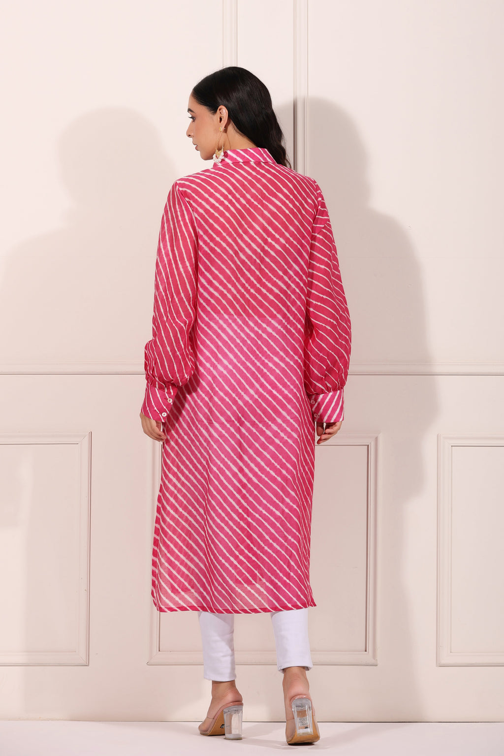 Pink Lehriya with Ankle Pants by MOH-The Eternal Dhaga with Chanderi Silk, Cotton, Festive Wear, Moh-The eternal Dhaga, Natural, Office Wear Co-ords, Pink, Regular Fit, Stripes, Womenswear at Kamakhyaa for sustainable fashion