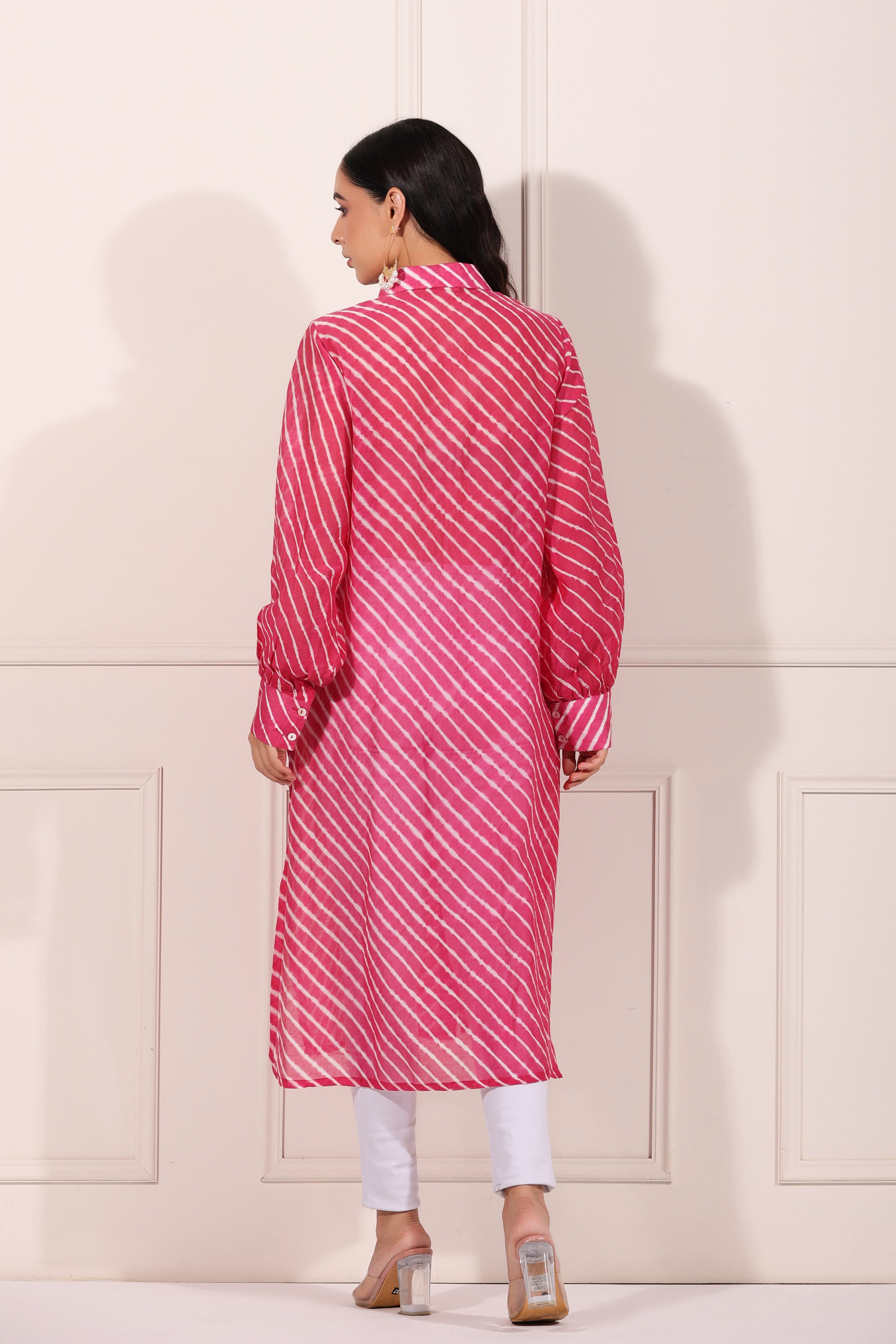 Pink Lehriya with Ankle Pants by MOH-The Eternal Dhaga with Chanderi Silk, Cotton, Festive Wear, Moh-The eternal Dhaga, Natural, Office Wear Co-ords, Pink, Regular Fit, Stripes, Womenswear at Kamakhyaa for sustainable fashion