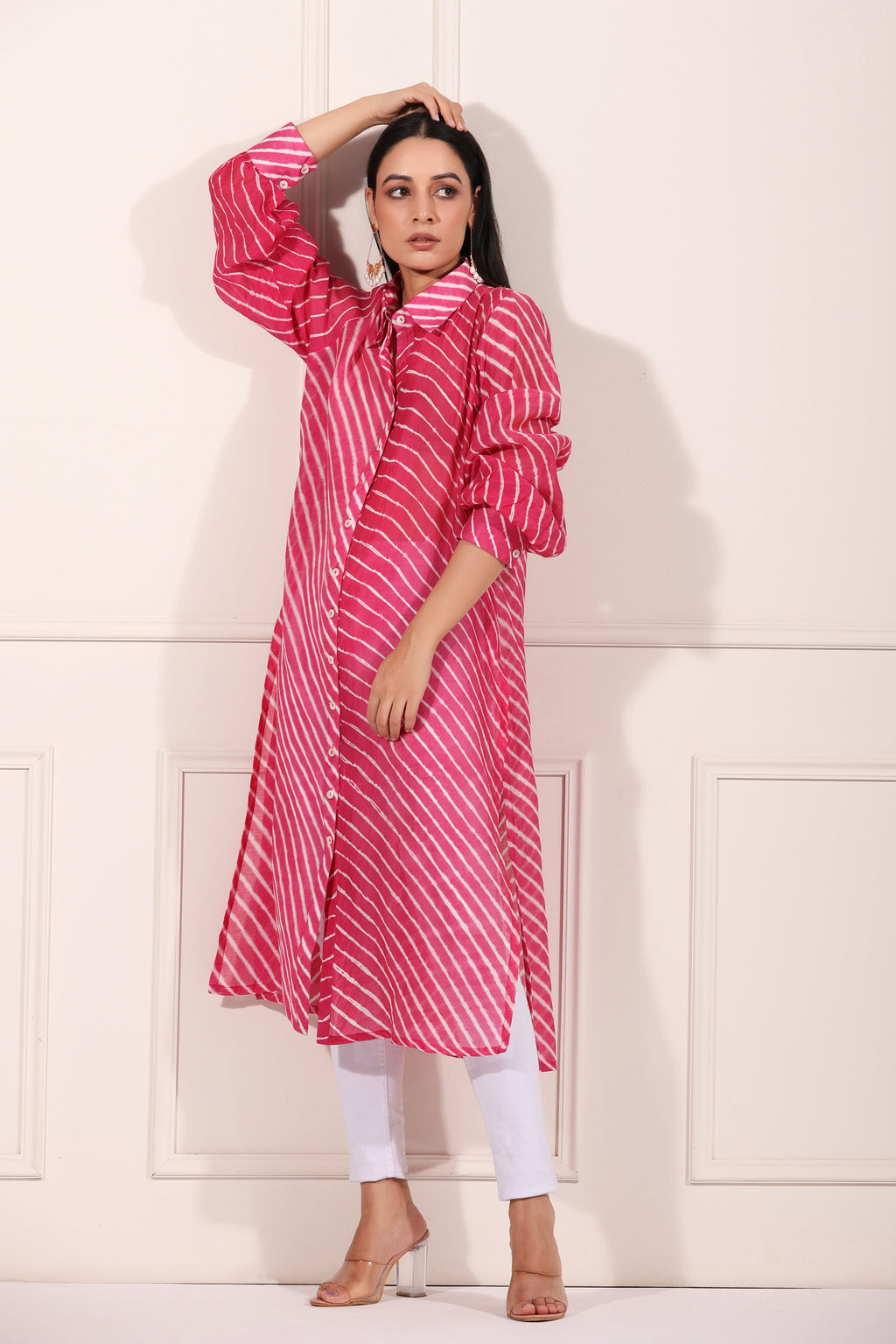 Pink Lehriya with Ankle Pants by MOH-The Eternal Dhaga with Chanderi Silk, Cotton, Festive Wear, Moh-The eternal Dhaga, Natural, Office Wear Co-ords, Pink, Regular Fit, Stripes, Womenswear at Kamakhyaa for sustainable fashion