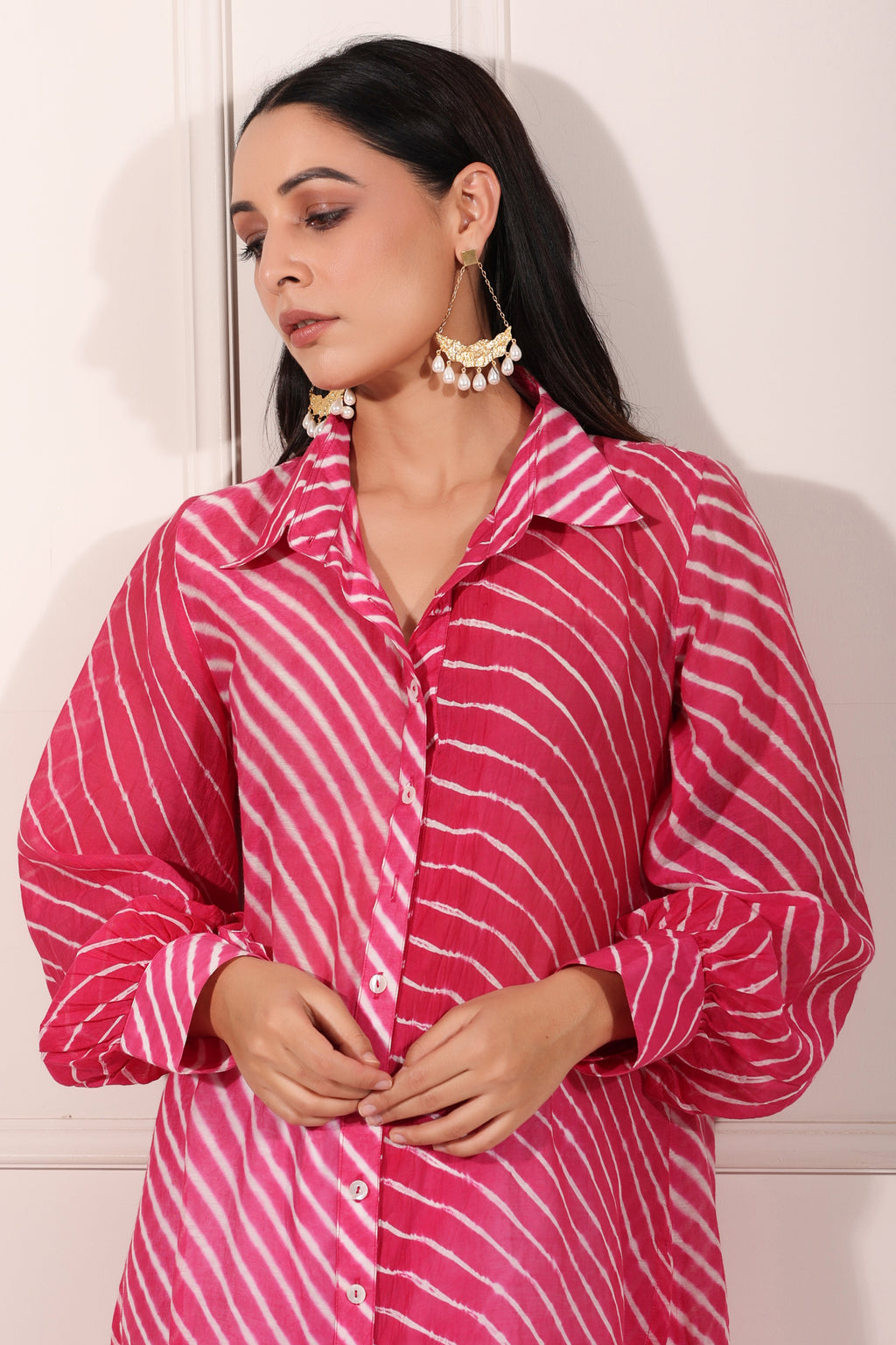 Pink Lehriya with Ankle Pants by MOH-The Eternal Dhaga with Chanderi Silk, Cotton, Festive Wear, Moh-The eternal Dhaga, Natural, Office Wear Co-ords, Pink, Regular Fit, Stripes, Womenswear at Kamakhyaa for sustainable fashion