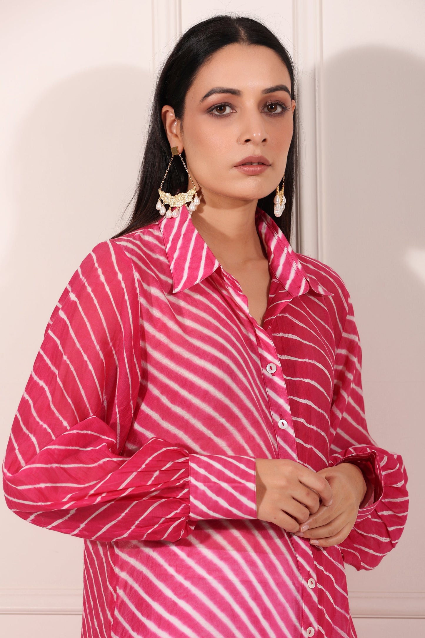 Pink Lehriya with Ankle Pants by MOH-The Eternal Dhaga with Chanderi Silk, Cotton, Festive Wear, Moh-The eternal Dhaga, Natural, Office Wear Co-ords, Pink, Regular Fit, Stripes, Womenswear at Kamakhyaa for sustainable fashion