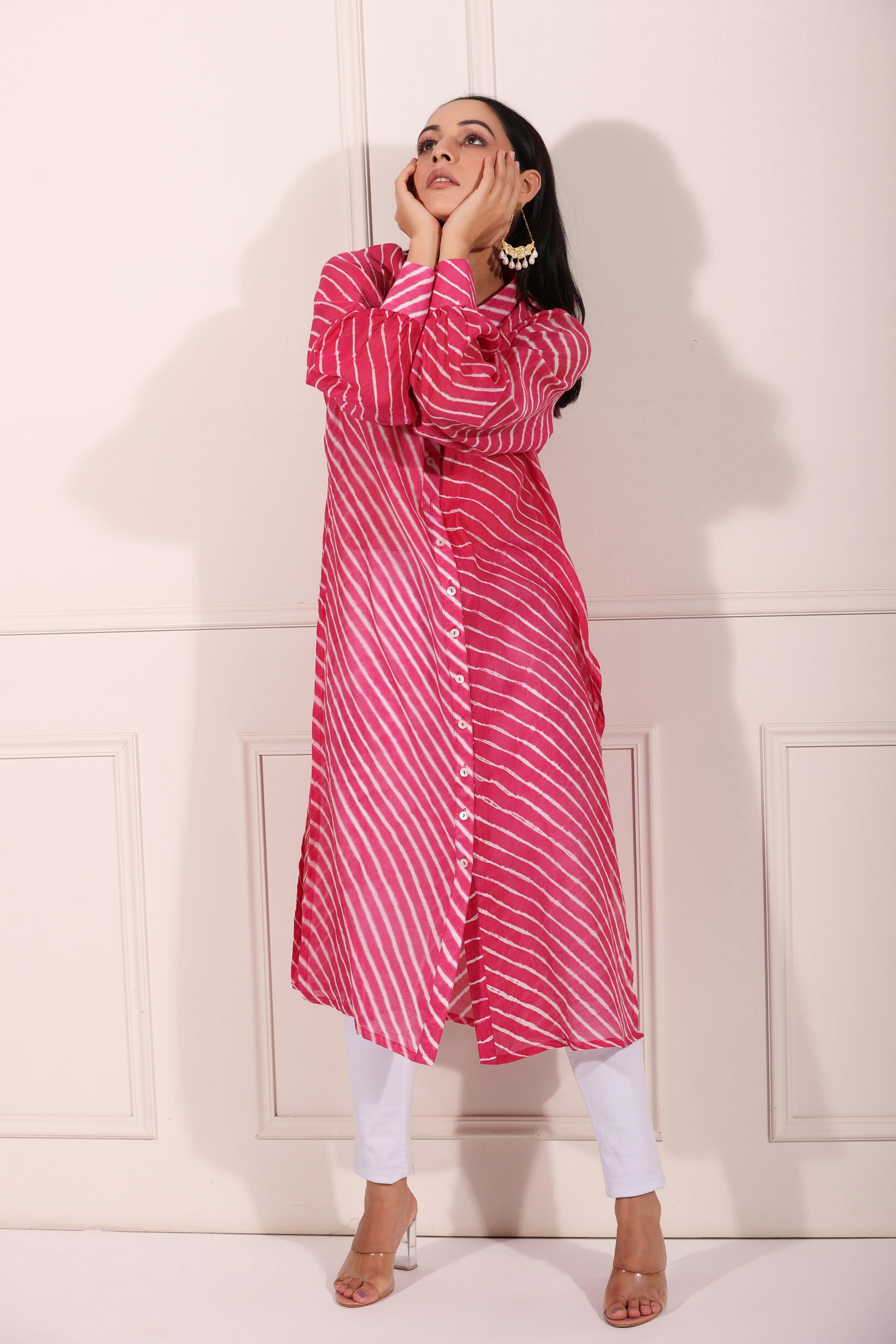 Pink Lehriya with Ankle Pants by MOH-The Eternal Dhaga with Chanderi Silk, Cotton, Festive Wear, Moh-The eternal Dhaga, Natural, Office Wear Co-ords, Pink, Regular Fit, Stripes, Womenswear at Kamakhyaa for sustainable fashion
