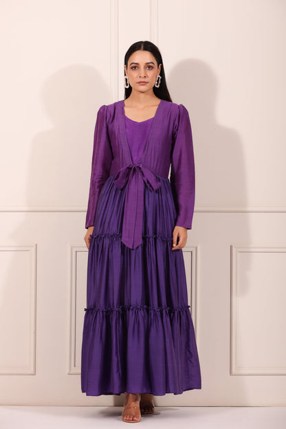 Purple Tiered Dress by MOH-The Eternal Dhaga with Festive Wear, Moh-The eternal Dhaga, Natural, Purple, Relaxed Fit, Silk, Solids, Tiered Dresses, Womenswear at Kamakhyaa for sustainable fashion