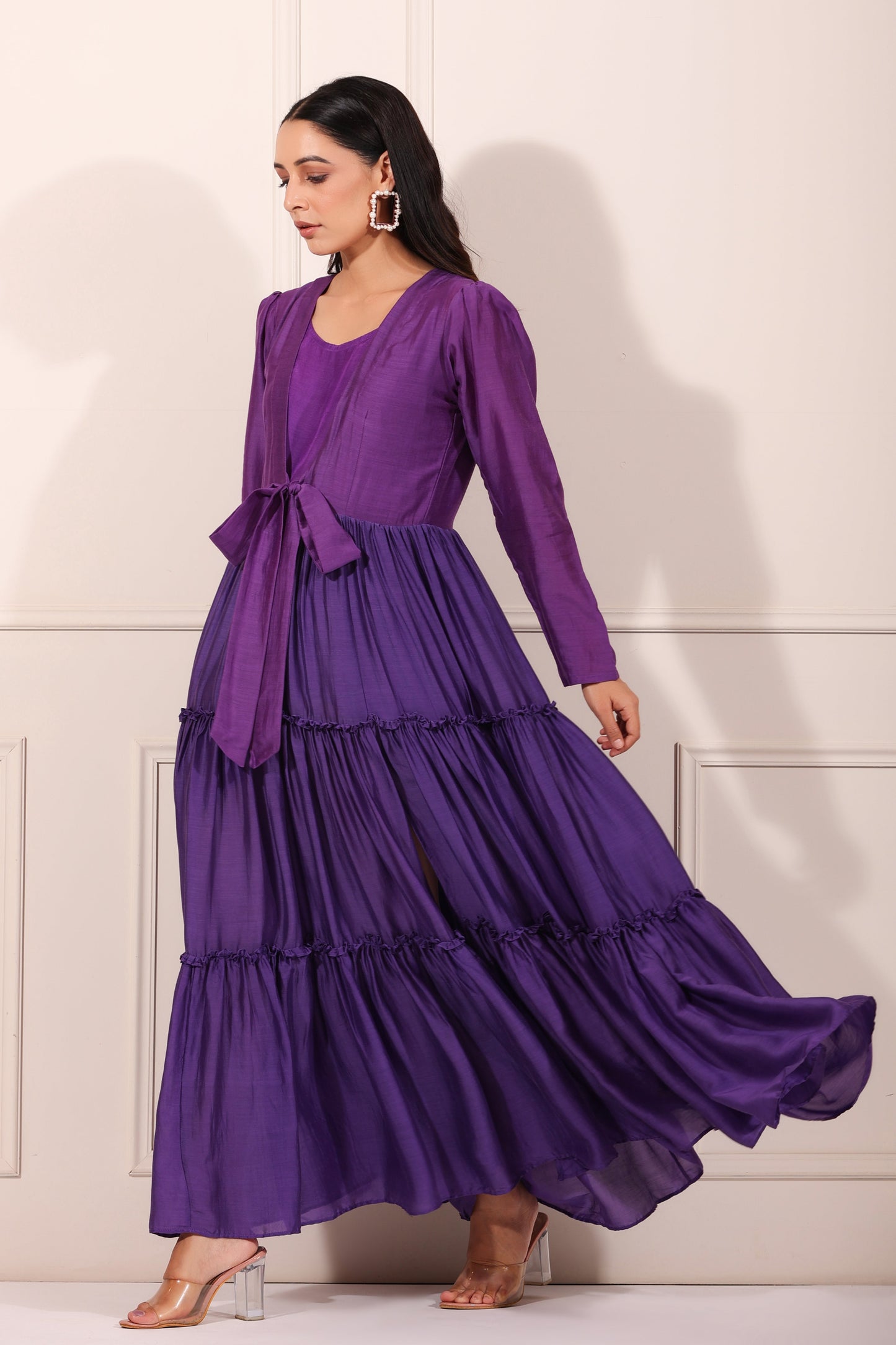 Purple Tiered Dress by MOH-The Eternal Dhaga with Festive Wear, Moh-The eternal Dhaga, Natural, Purple, Relaxed Fit, Silk, Solids, Tiered Dresses, Womenswear at Kamakhyaa for sustainable fashion