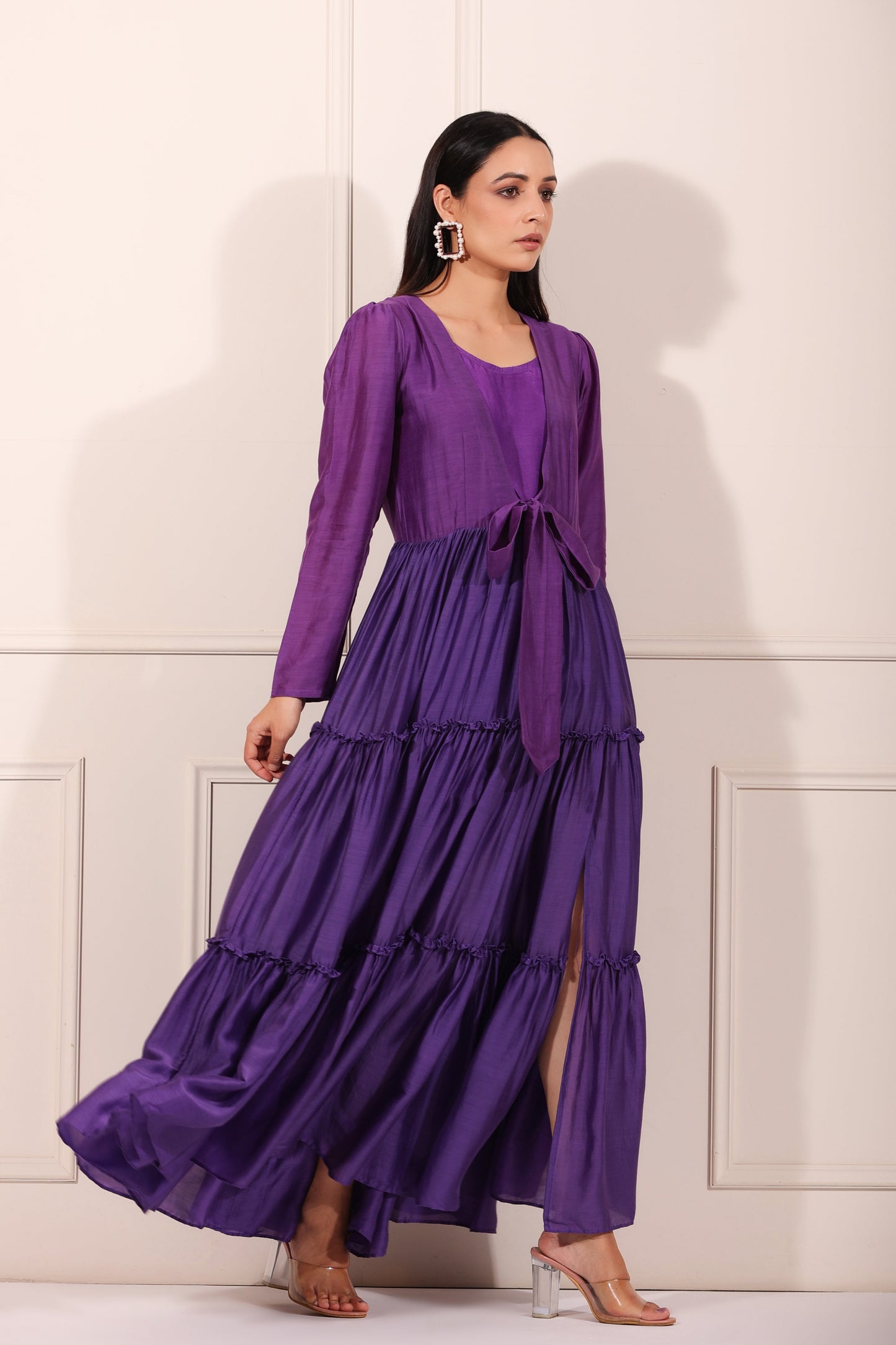 Purple Tiered Dress by MOH-The Eternal Dhaga with Festive Wear, Moh-The eternal Dhaga, Natural, Purple, Relaxed Fit, Silk, Solids, Tiered Dresses, Womenswear at Kamakhyaa for sustainable fashion