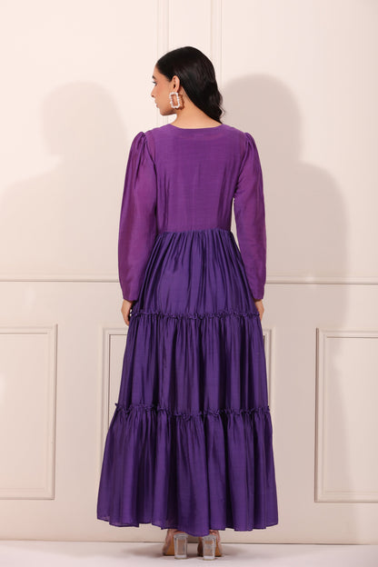 Purple Tiered Dress by MOH-The Eternal Dhaga with Festive Wear, Moh-The eternal Dhaga, Natural, Purple, Relaxed Fit, Silk, Solids, Tiered Dresses, Womenswear at Kamakhyaa for sustainable fashion