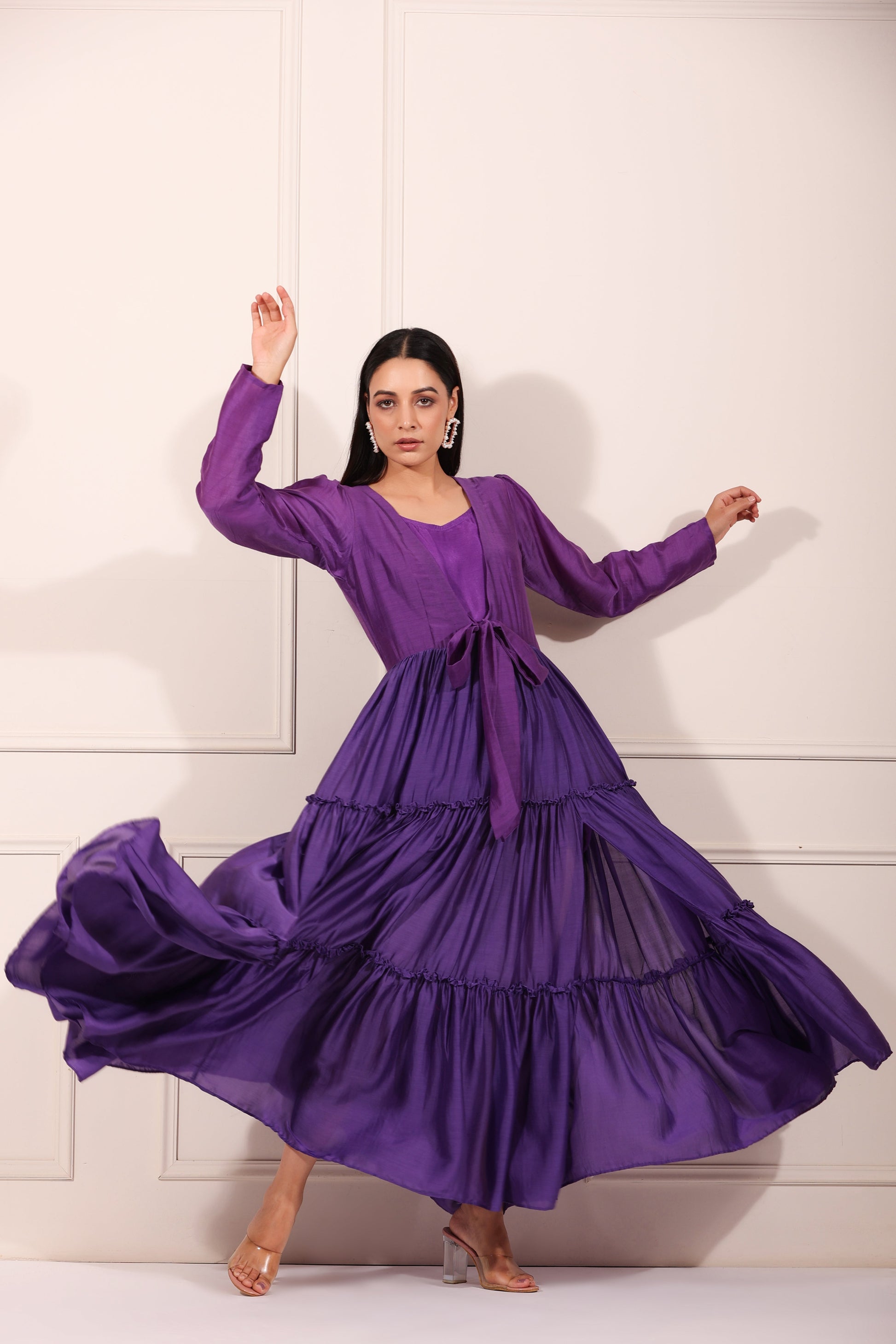 Purple Tiered Dress by MOH-The Eternal Dhaga with Festive Wear, Moh-The eternal Dhaga, Natural, Purple, Relaxed Fit, Silk, Solids, Tiered Dresses, Womenswear at Kamakhyaa for sustainable fashion