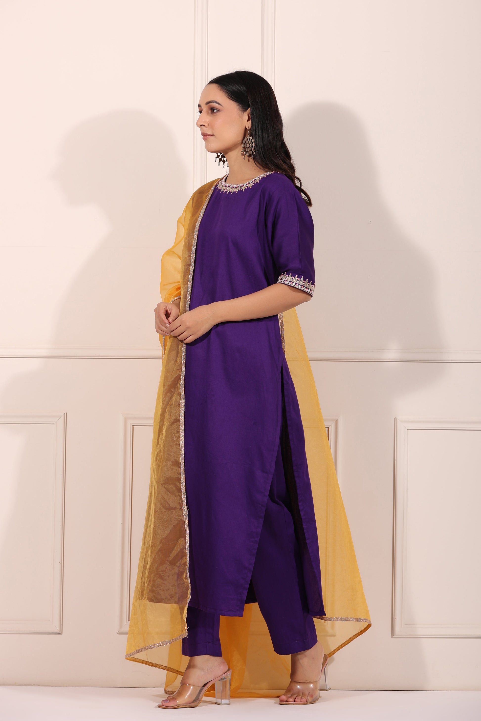 Purple Embroidered Kurta Set by MOH-The Eternal Dhaga with Cotton, Embroidered, Festive Wear, Kurta pant With Duppatta, Moh-The eternal Dhaga, Natural, Purple, Regular Fit, Womenswear at Kamakhyaa for sustainable fashion