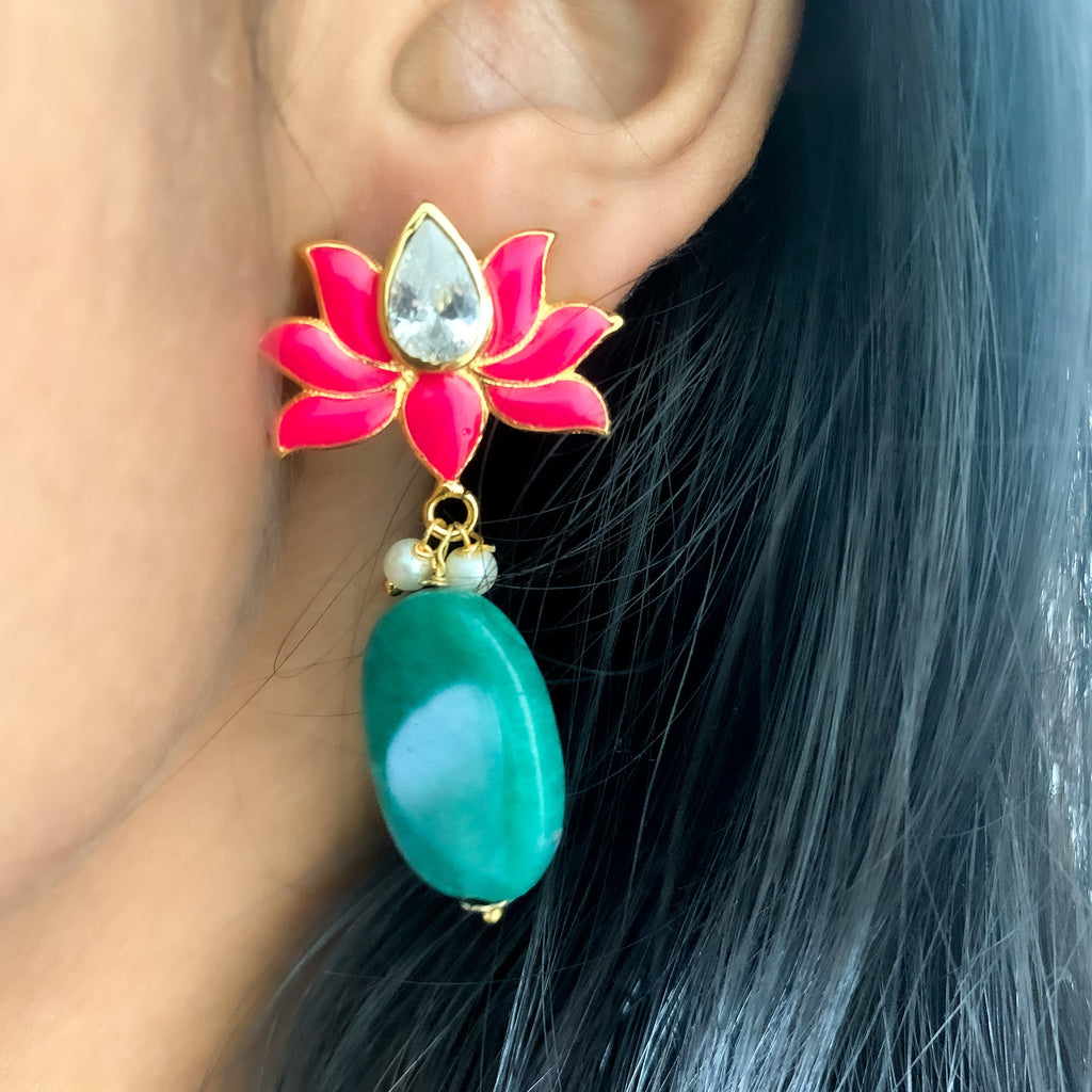 Lotus Earrings by Chiyo with Brass, Casual Wear, Earrings, Festive Jewellery, Festive Wear, Free Size, Gold Plated, jewelry, Pink, Re-polishable, Solids at Kamakhyaa for sustainable fashion