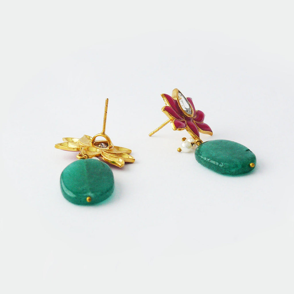 Lotus Earrings by Chiyo with Brass, Casual Wear, Earrings, Festive Jewellery, Festive Wear, Free Size, Gold Plated, jewelry, Pink, Re-polishable, Solids at Kamakhyaa for sustainable fashion