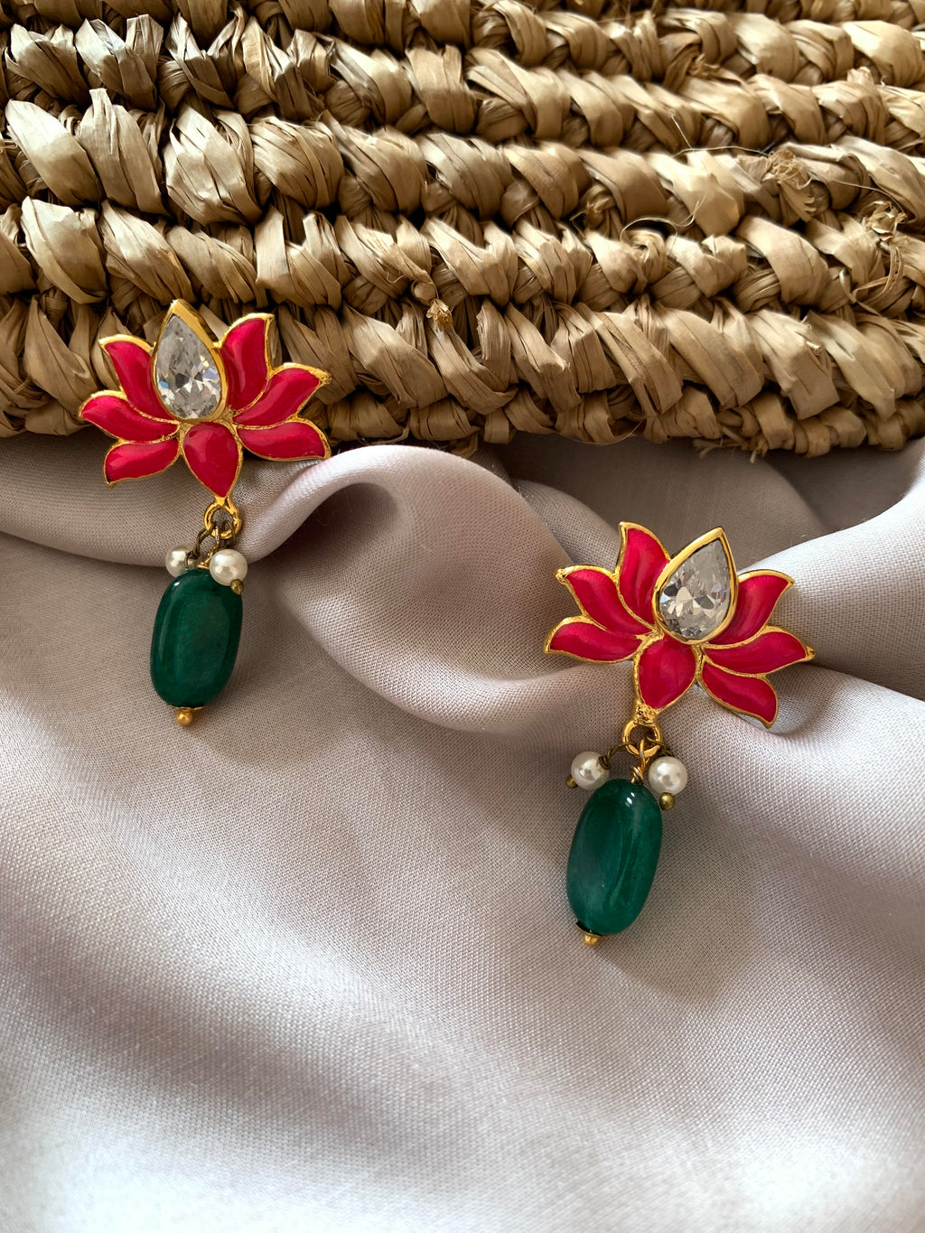 Lotus Earrings by Chiyo with Brass, Casual Wear, Earrings, Festive Jewellery, Festive Wear, Free Size, Gold Plated, jewelry, Pink, Re-polishable, Solids at Kamakhyaa for sustainable fashion