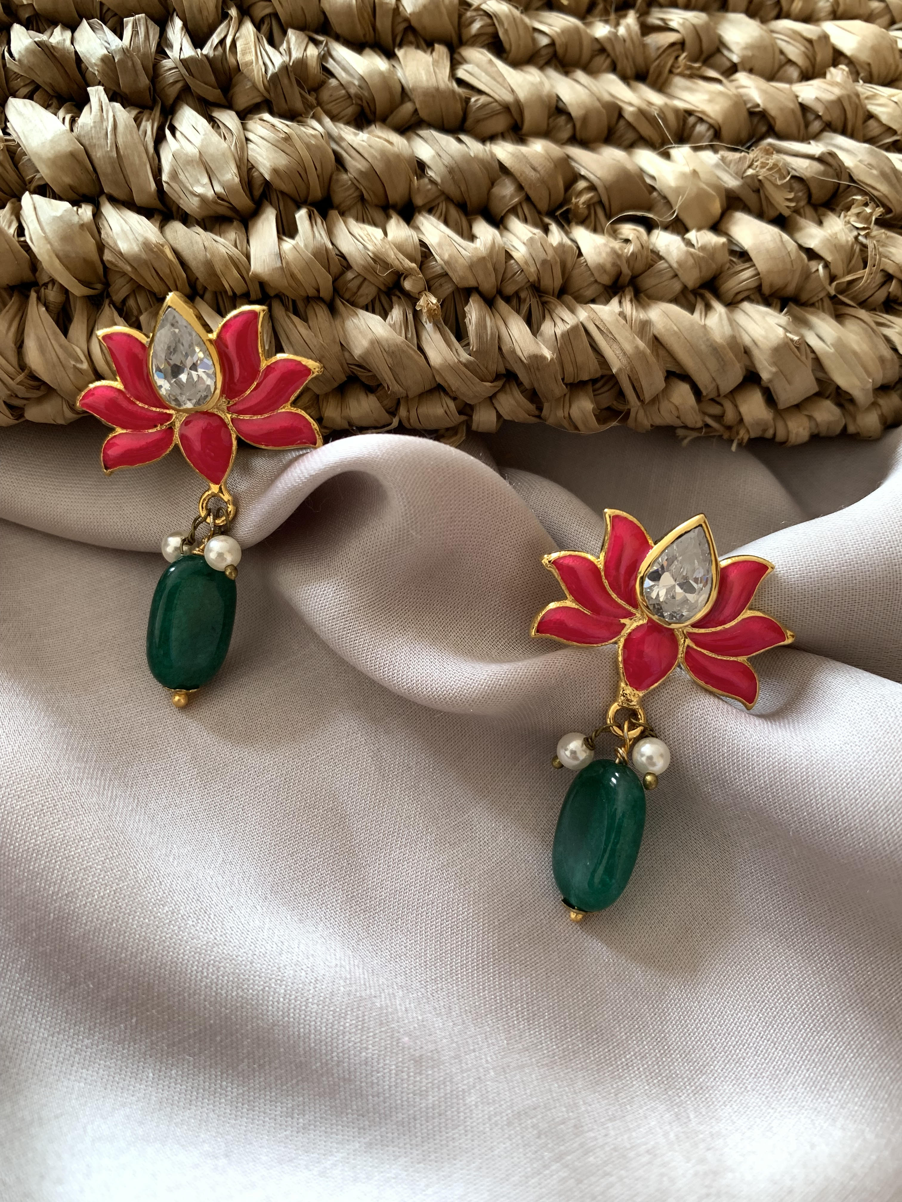 Lotus Earrings by Chiyo with Brass, Casual Wear, Earrings, Festive Jewellery, Festive Wear, Free Size, Gold Plated, jewelry, Pink, Re-polishable, Solids at Kamakhyaa for sustainable fashion