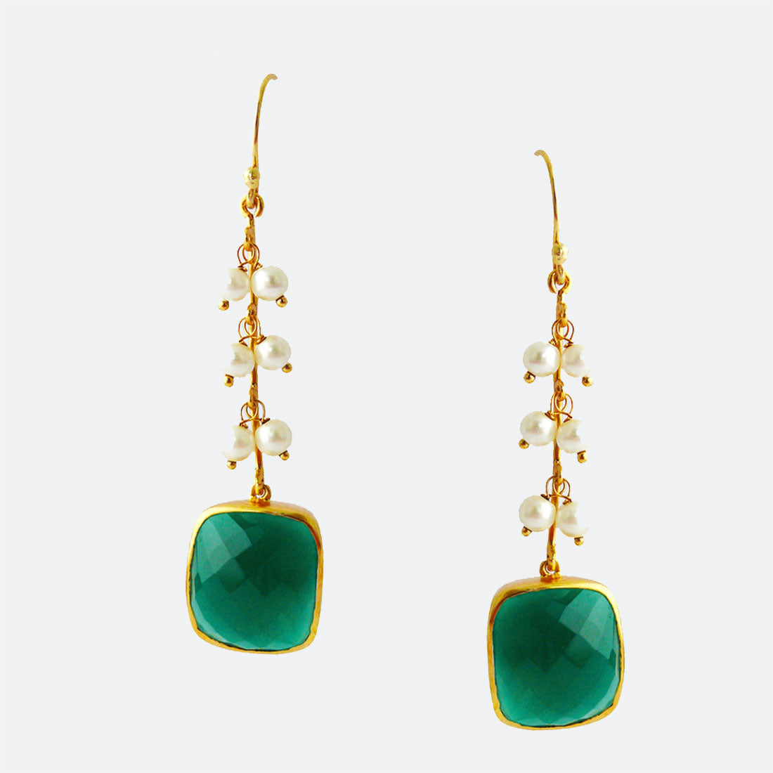 Elegance Emeralds by Chiyo with Brass, Casual Wear, Danglers, Earrings, Festive Jewellery, Festive Wear, Free Size, Gold Plated, Green, jewelry, Pearl, Re-polishable, Solids at Kamakhyaa for sustainable fashion