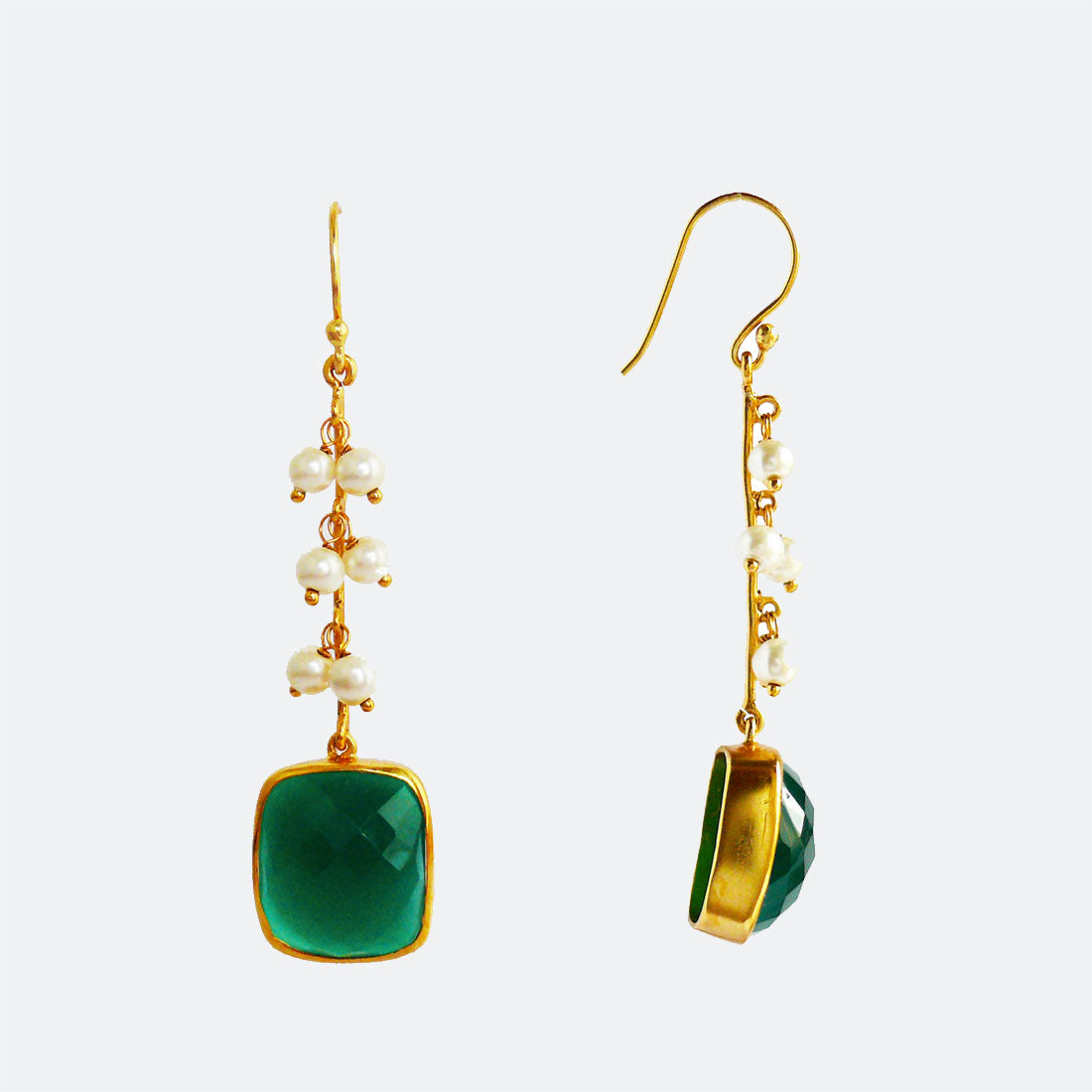Elegance Emeralds by Chiyo with Brass, Casual Wear, Danglers, Earrings, Festive Jewellery, Festive Wear, Free Size, Gold Plated, Green, jewelry, Pearl, Re-polishable, Solids at Kamakhyaa for sustainable fashion