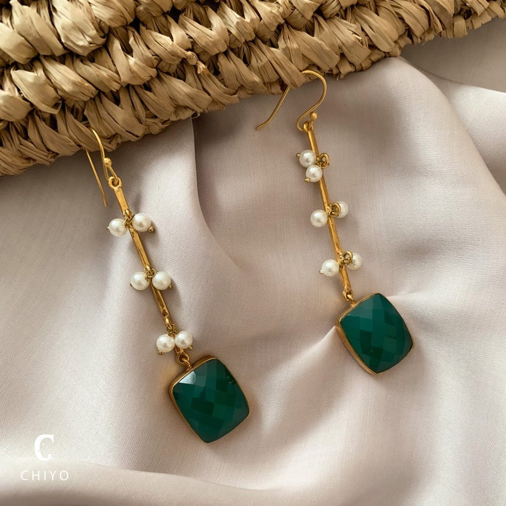 Elegance Emeralds by Chiyo with Brass, Casual Wear, Danglers, Earrings, Festive Jewellery, Festive Wear, Free Size, Gold Plated, Green, jewelry, Pearl, Re-polishable, Solids at Kamakhyaa for sustainable fashion