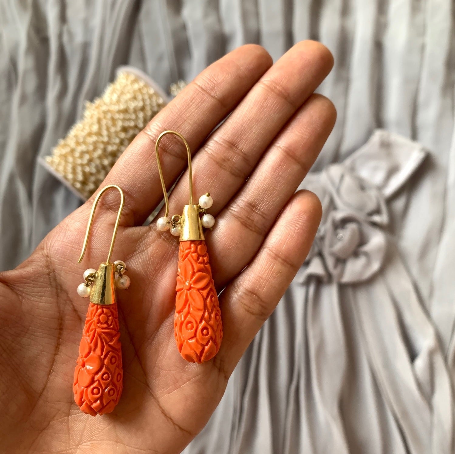 Tangerine Drop Earrings by Chiyo with Brass, Casual Wear, Earrings, Festive Jewellery, Festive Wear, Free Size, Gold Plated, jewelry, Orange, Re-polishable, Solids, Textured at Kamakhyaa for sustainable fashion