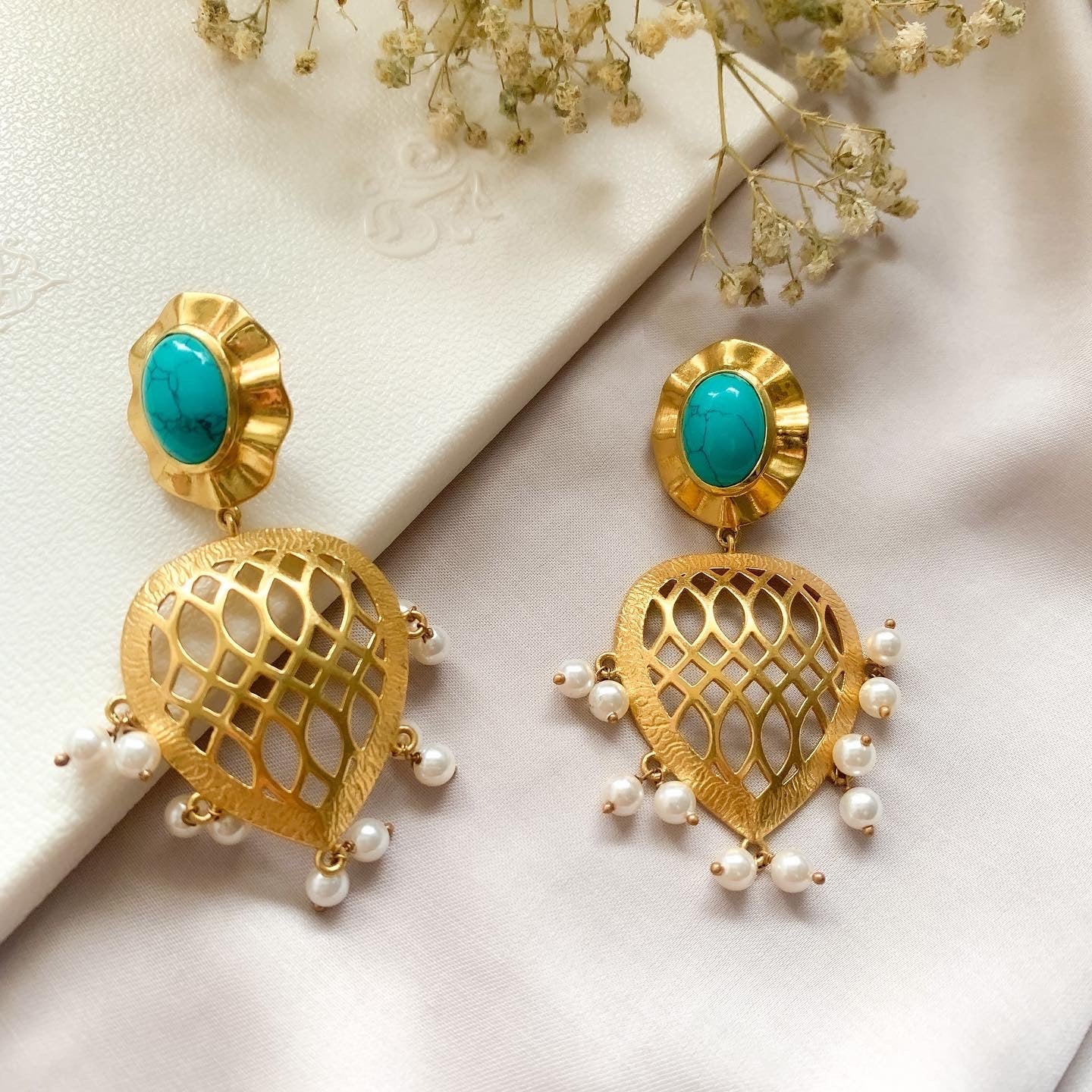 Charmer cutwork by Chiyo with Blue, Brass, Earrings, Festive Jewellery, Festive Wear, Free Size, Gold Plated, jewelry, Re-polishable, Solids at Kamakhyaa for sustainable fashion