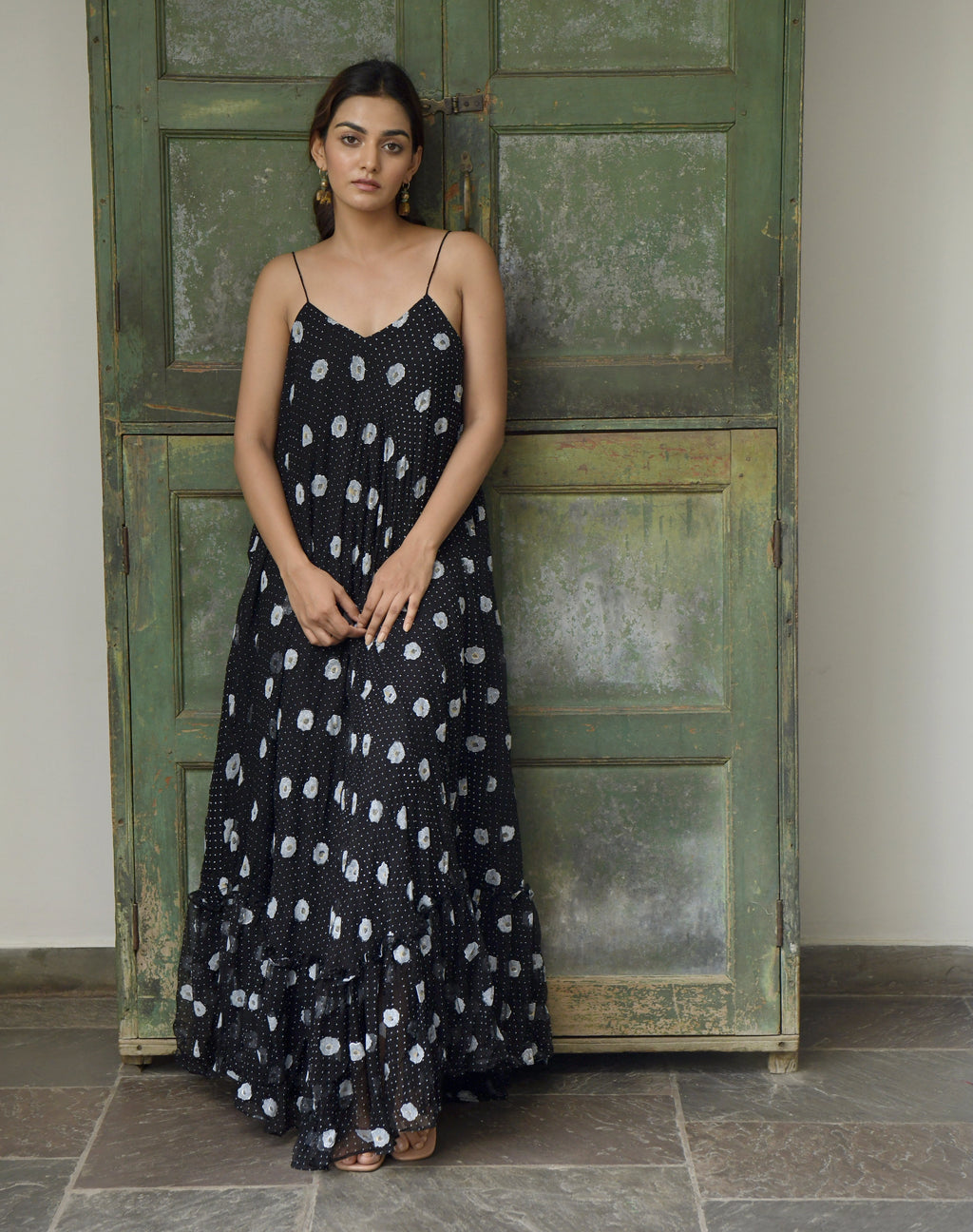 Black Chiffon Printed Maxi Dress by Taro with Best Selling, Black, Chiffon, Evening Wear, FB ADS JUNE, Indo-Western, July Sale, July Sale 2023, Maxi Dresses, Natural, Polka Dots, Prints, Regular Fit, Sleeveless Dresses, Strap Dresses, Wildflower by Taro, Womenswear at Kamakhyaa for sustainable fashion