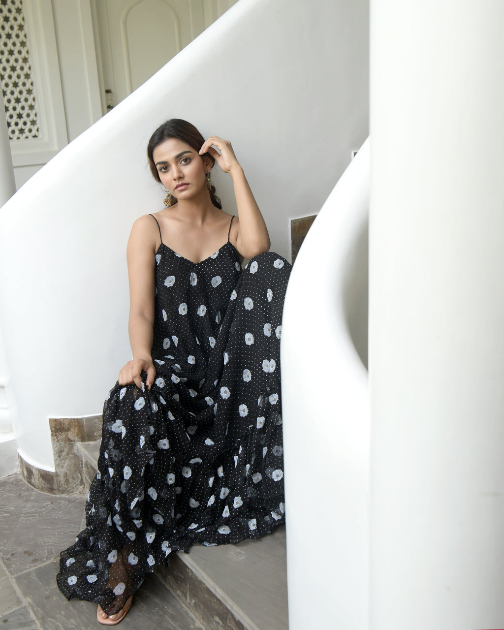 Black Chiffon Printed Maxi Dress by Taro with Best Selling, Black, Chiffon, Evening Wear, FB ADS JUNE, Indo-Western, July Sale, July Sale 2023, Maxi Dresses, Natural, Polka Dots, Prints, Regular Fit, Sleeveless Dresses, Strap Dresses, Wildflower by Taro, Womenswear at Kamakhyaa for sustainable fashion