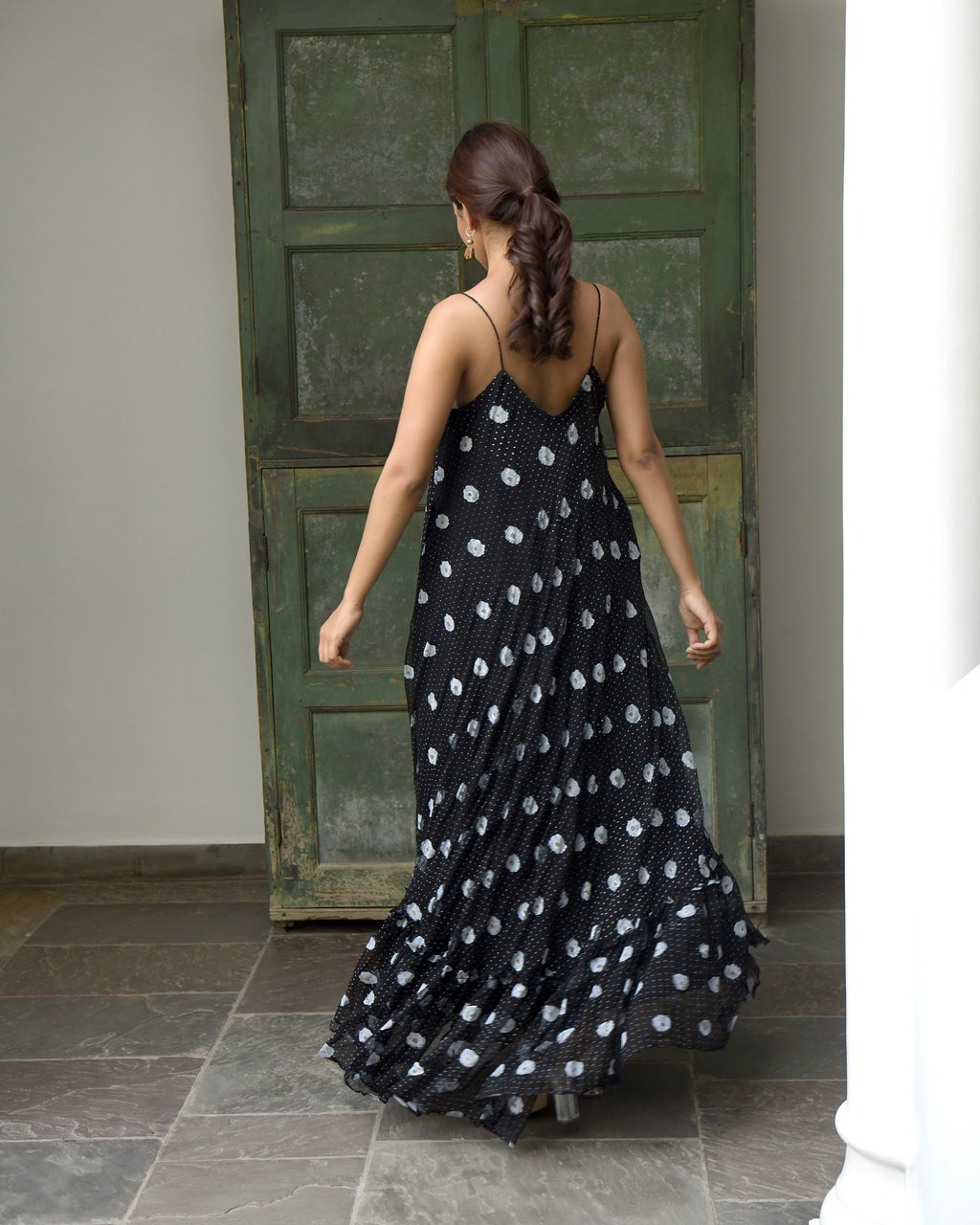 Black Chiffon Printed Maxi Dress by Taro with Best Selling, Black, Chiffon, Evening Wear, FB ADS JUNE, Indo-Western, July Sale, July Sale 2023, Maxi Dresses, Natural, Polka Dots, Prints, Regular Fit, Sleeveless Dresses, Strap Dresses, Wildflower by Taro, Womenswear at Kamakhyaa for sustainable fashion