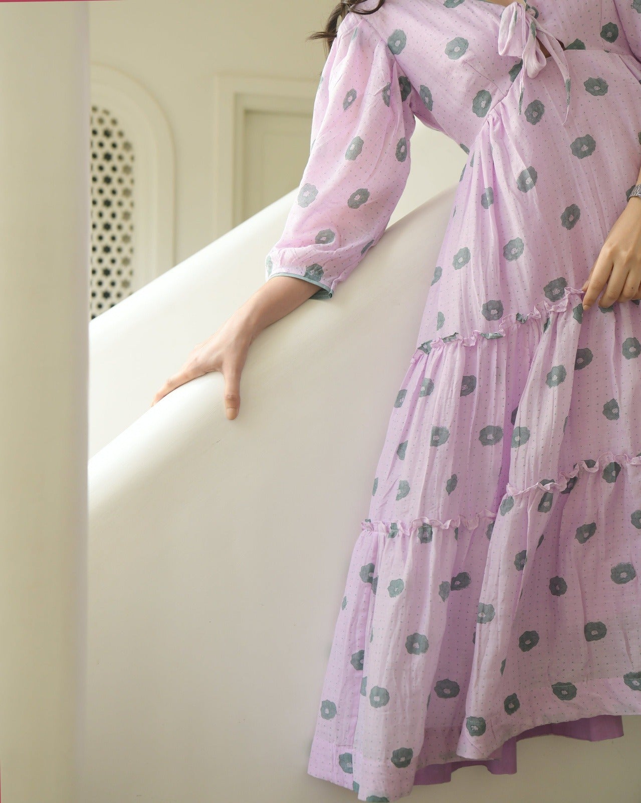 Pink Printed Tiered Dress by Taro with Evening Wear, Handwoven Cotton SIlk, July Sale, July Sale 2023, Midi Dresses, Natural, Pink, Printed Selfsame, Prints, Regular Fit, Tiered Dresses, Wildflower by Taro, Womenswear at Kamakhyaa for sustainable fashion