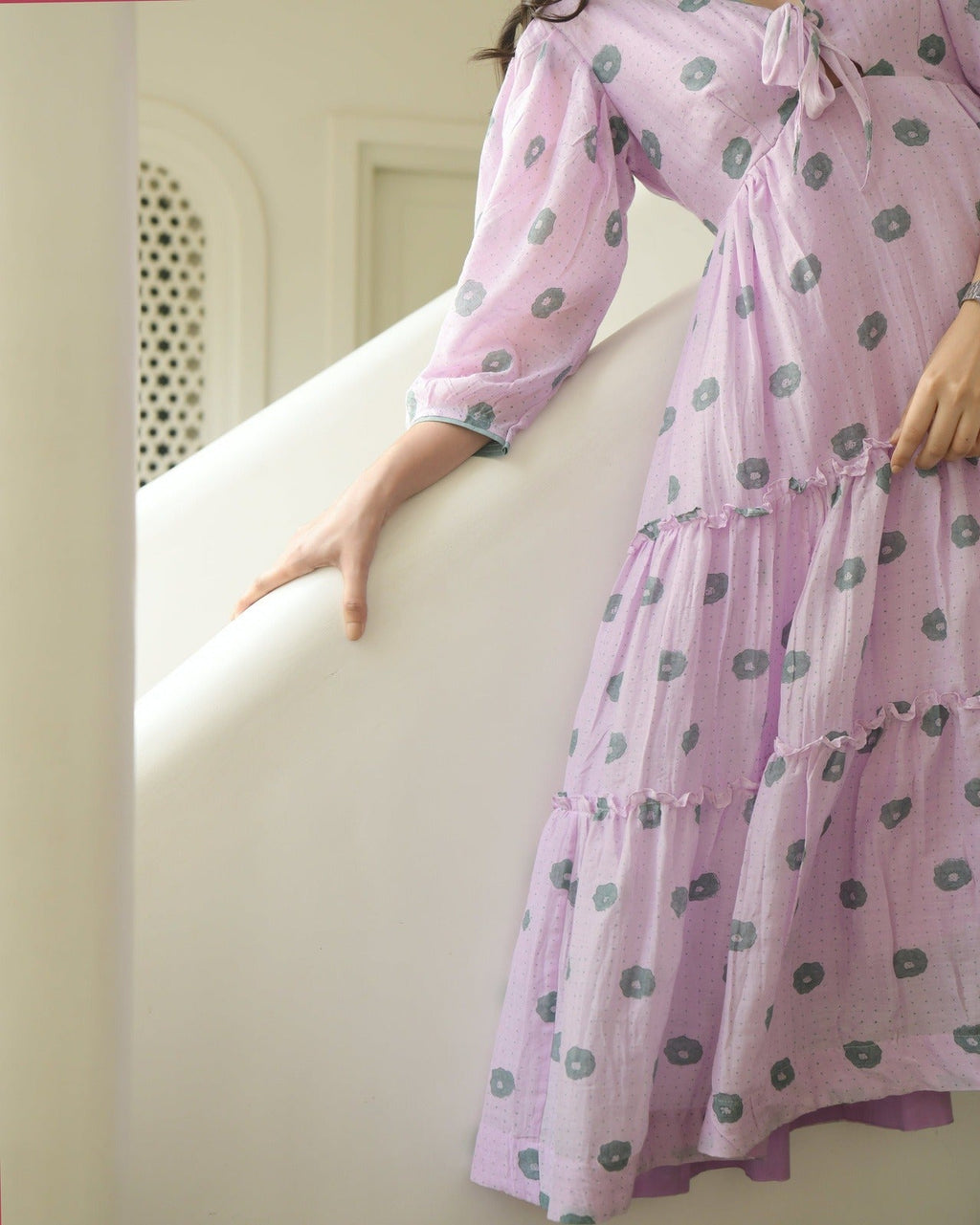 Pink Printed Tiered Dress by Taro with Evening Wear, Handwoven Cotton SIlk, July Sale, July Sale 2023, Midi Dresses, Natural, Pink, Printed Selfsame, Prints, Regular Fit, Tiered Dresses, Wildflower by Taro, Womenswear at Kamakhyaa for sustainable fashion