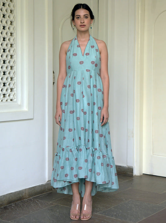 Blue Printed Maxi Dress by Taro with Blue, Evening Wear, For Daughter, Halter Neck Dresses, Handwoven cotton silk, July Sale, July Sale 2023, Maxi Dresses, Natural, Printed Selfsame, Prints, Regular Fit, Wildflower by Taro, Womenswear at Kamakhyaa for sustainable fashion
