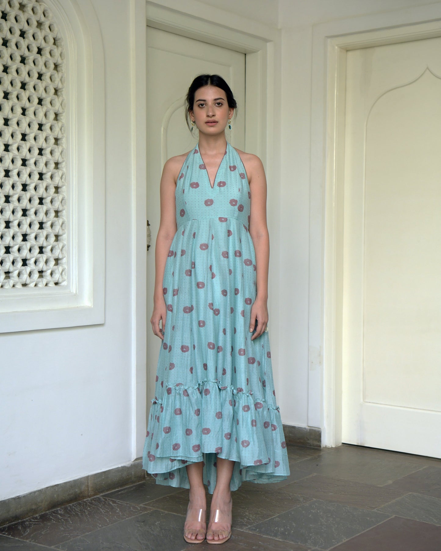 Blue Printed Maxi Dress by Taro with Blue, Evening Wear, For Daughter, Halter Neck Dresses, Handwoven cotton silk, July Sale, July Sale 2023, Maxi Dresses, Natural, Printed Selfsame, Prints, Regular Fit, Wildflower by Taro, Womenswear at Kamakhyaa for sustainable fashion