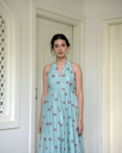 Blue Printed Maxi Dress by Taro with Blue, Evening Wear, For Daughter, Halter Neck Dresses, Handwoven cotton silk, July Sale, July Sale 2023, Maxi Dresses, Natural, Printed Selfsame, Prints, Regular Fit, Wildflower by Taro, Womenswear at Kamakhyaa for sustainable fashion