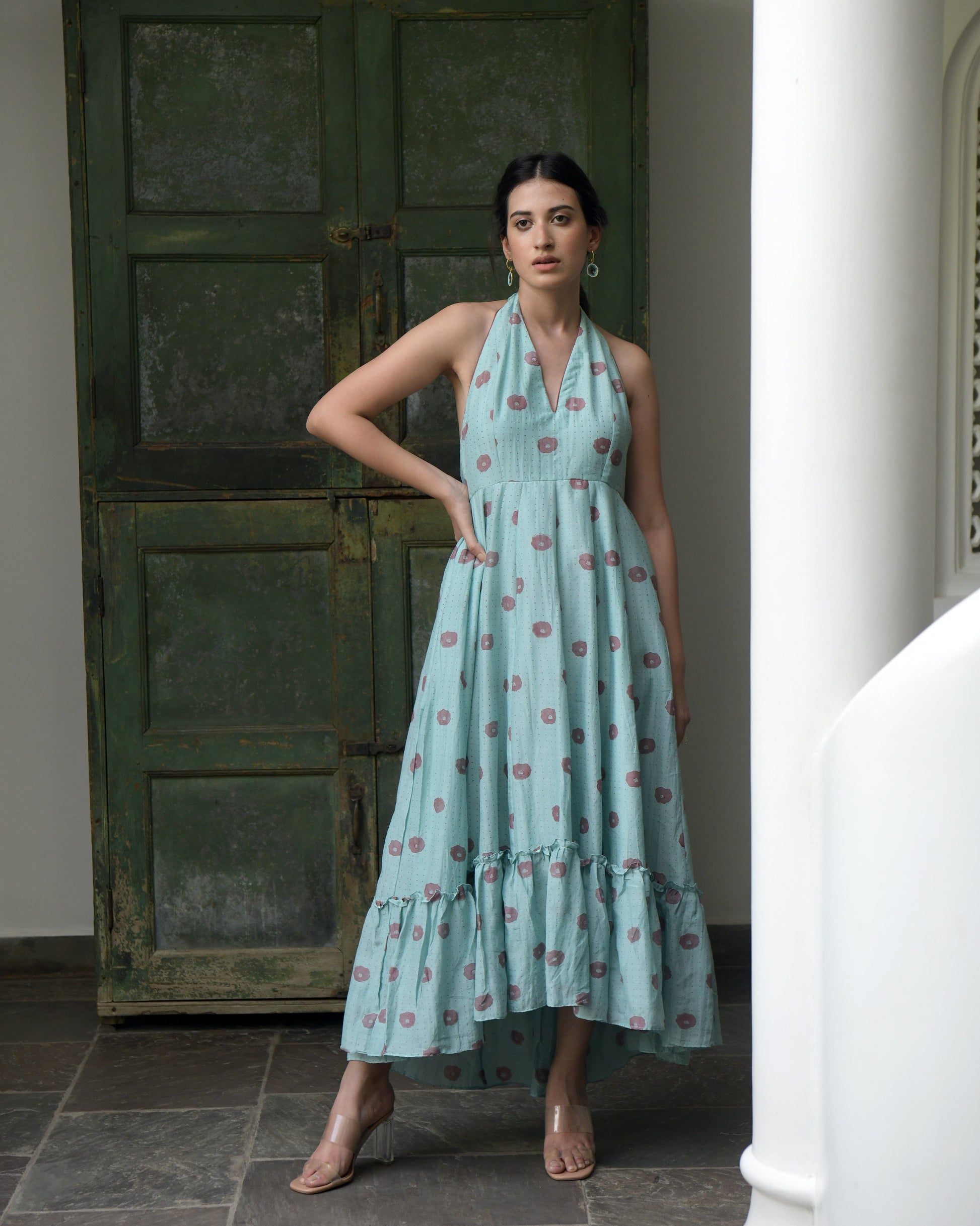 Blue Printed Maxi Dress by Taro with Blue, Evening Wear, For Daughter, Halter Neck Dresses, Handwoven cotton silk, July Sale, July Sale 2023, Maxi Dresses, Natural, Printed Selfsame, Prints, Regular Fit, Wildflower by Taro, Womenswear at Kamakhyaa for sustainable fashion