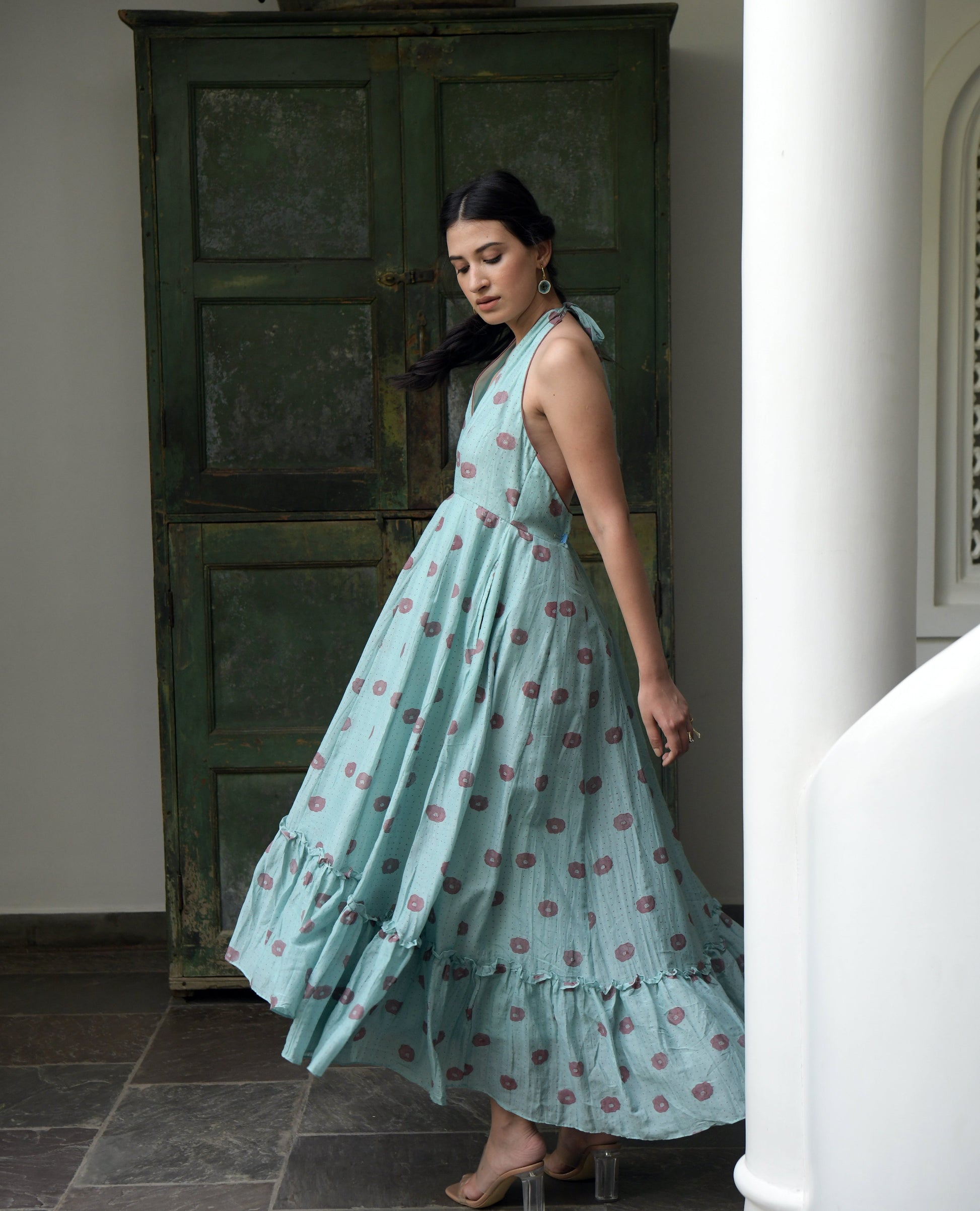 Blue Printed Maxi Dress by Taro with Blue, Evening Wear, For Daughter, Halter Neck Dresses, Handwoven cotton silk, July Sale, July Sale 2023, Maxi Dresses, Natural, Printed Selfsame, Prints, Regular Fit, Wildflower by Taro, Womenswear at Kamakhyaa for sustainable fashion