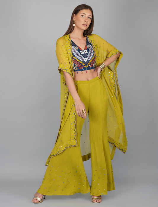 Green Hand Embroidered Applique Blouse Cape Set by Devyani Mehrotra with Chanderi Silk, Co-ord Sets, Embroidered, Festive Wear, Fitted at Bust, Georgette, Green, Natural, Patchwork, Pre Spring 2023, Solids, Vacation Co-ords, Womenswear at Kamakhyaa for sustainable fashion