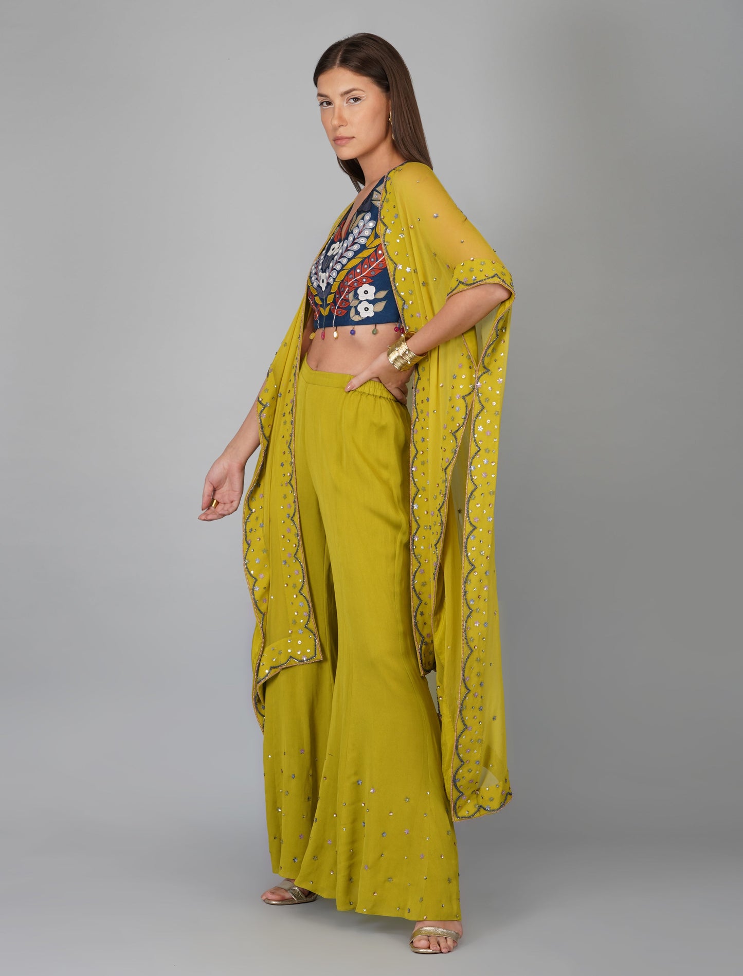 Green Hand Embroidered Applique Blouse Cape Set by Devyani Mehrotra with Chanderi Silk, Co-ord Sets, Embroidered, Festive Wear, Fitted at Bust, Georgette, Green, Natural, Patchwork, Pre Spring 2023, Solids, Vacation Co-ords, Womenswear at Kamakhyaa for sustainable fashion