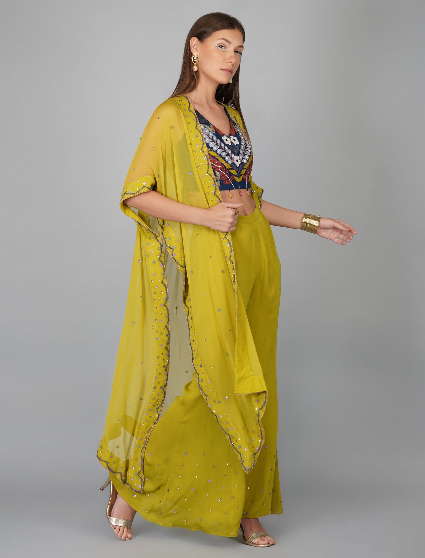 Green Hand Embroidered Applique Blouse Cape Set by Devyani Mehrotra with Chanderi Silk, Co-ord Sets, Embroidered, Festive Wear, Fitted at Bust, Georgette, Green, Natural, Patchwork, Pre Spring 2023, Solids, Vacation Co-ords, Womenswear at Kamakhyaa for sustainable fashion