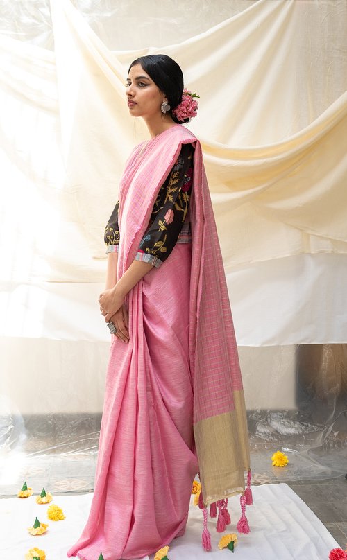 Aanya Checks, Festive Wear, Linen, Natural, Pink, Regular Fit, Sarees Kamakhyaa