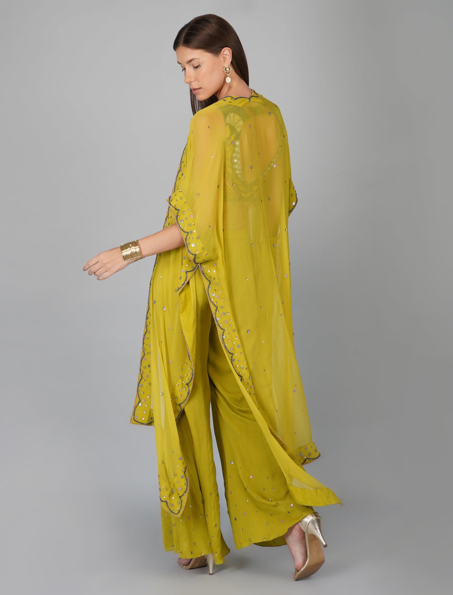 Green Hand Embroidered Applique Blouse Cape Set by Devyani Mehrotra with Chanderi Silk, Co-ord Sets, Embroidered, Festive Wear, Fitted at Bust, Georgette, Green, Natural, Patchwork, Pre Spring 2023, Solids, Vacation Co-ords, Womenswear at Kamakhyaa for sustainable fashion