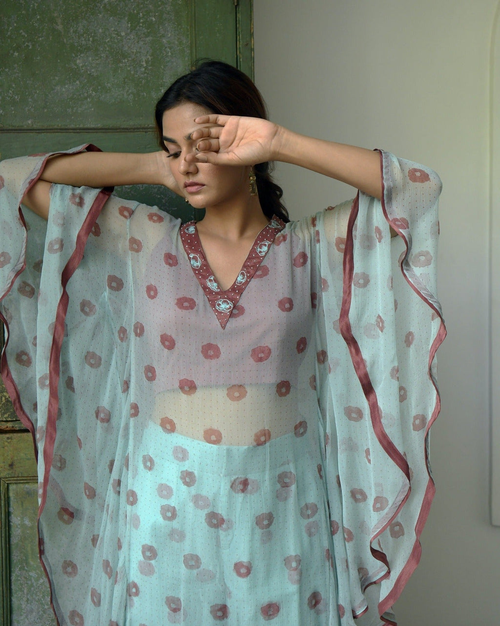 Green Kaftaan Set by Taro with Best Selling, Chiffon, Co-ord Sets, Evening Wear, FB ADS JUNE, Green, July Sale, July Sale 2023, Kaftan Set, Natural, party, Party Wear Co-ords, Prints, Regular Fit, Vacation Co-ords, Wildflower by Taro, Womenswear at Kamakhyaa for sustainable fashion